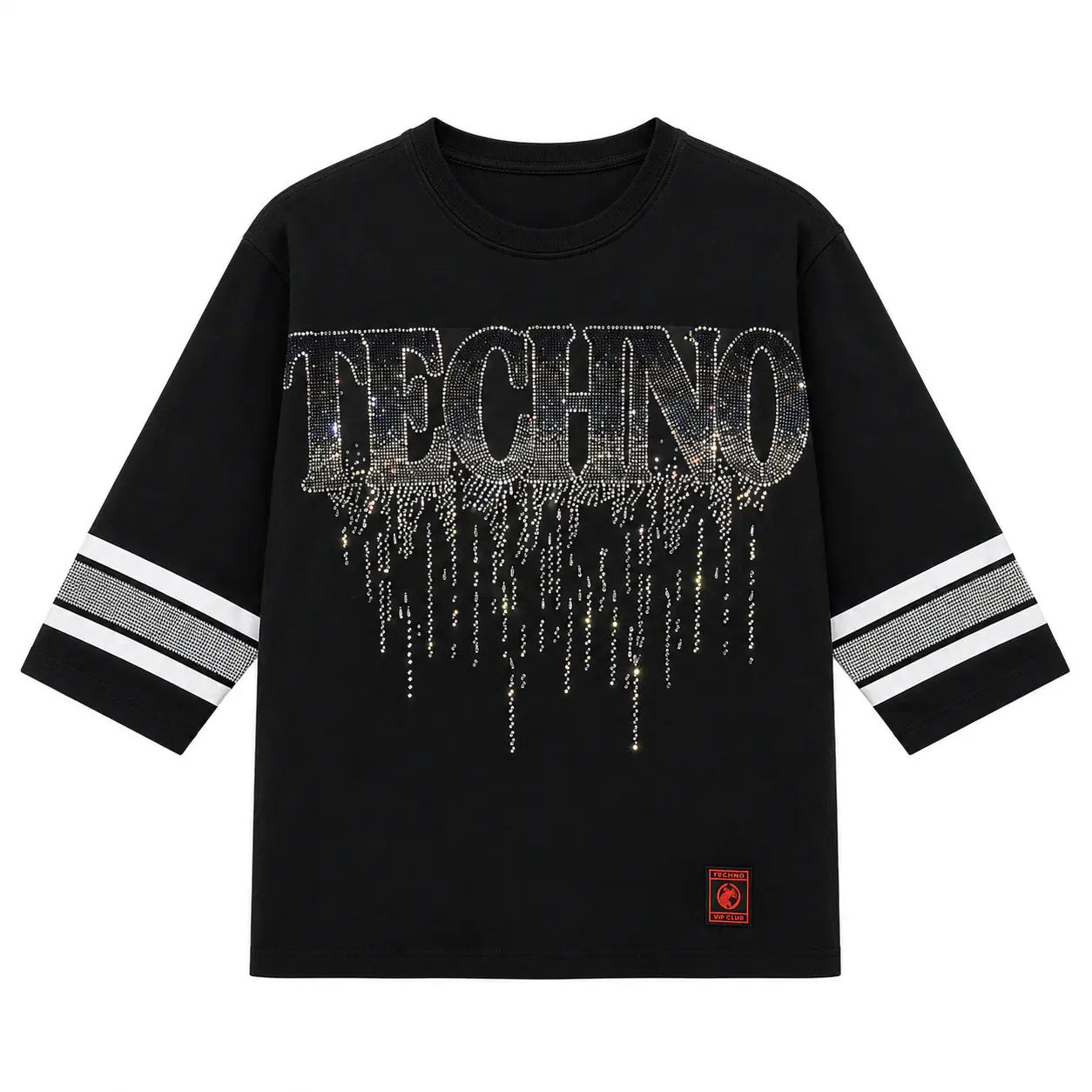 Black long-sleeve shirt with 'TECHNO' text and white stripes on sleeves against a white background, TCH TECHNO Waterfall Rhinestone T-Shirt