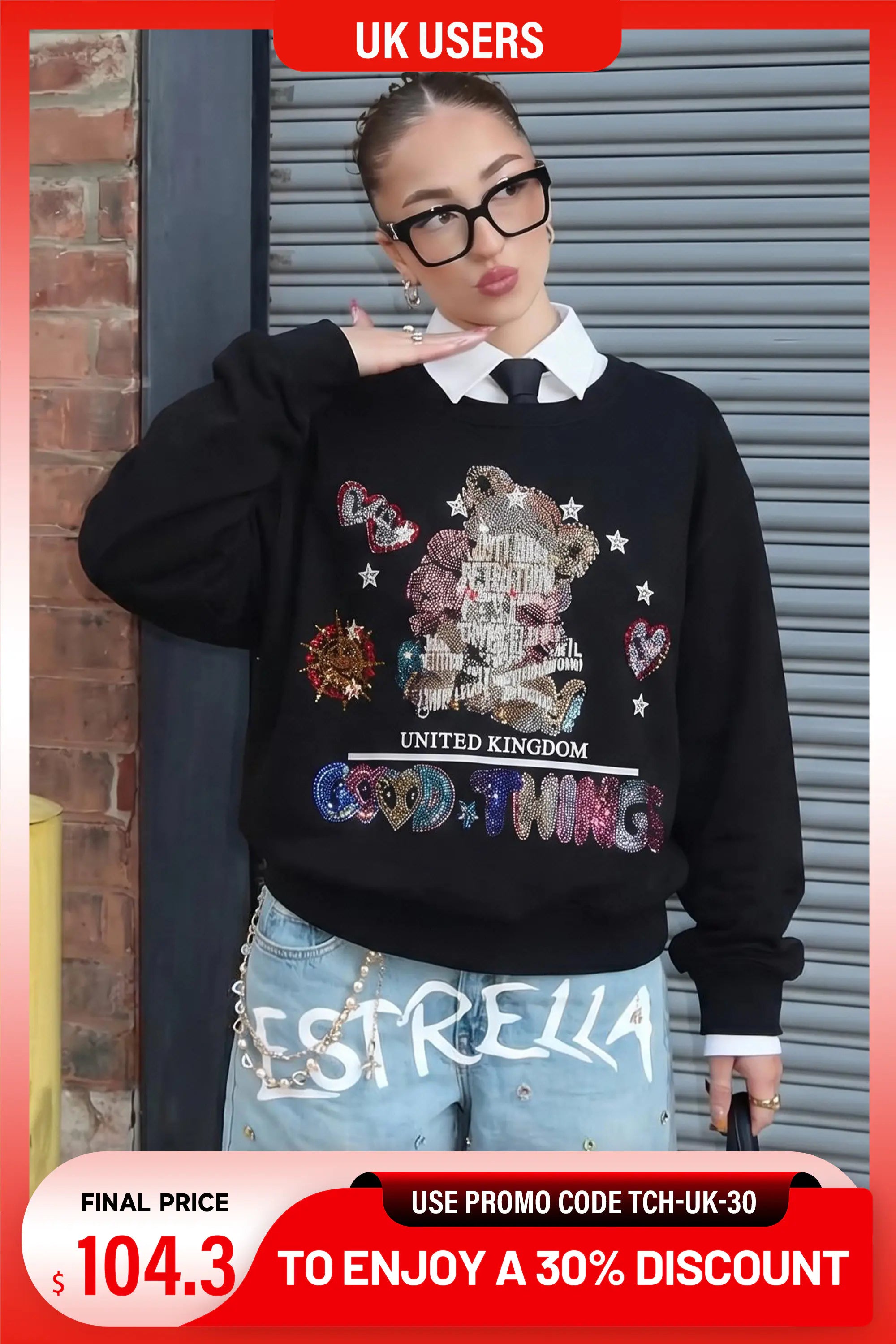 TCH TRUST GOOD THINGS Rhinestone Skull Teddy Sweatshirt - UK