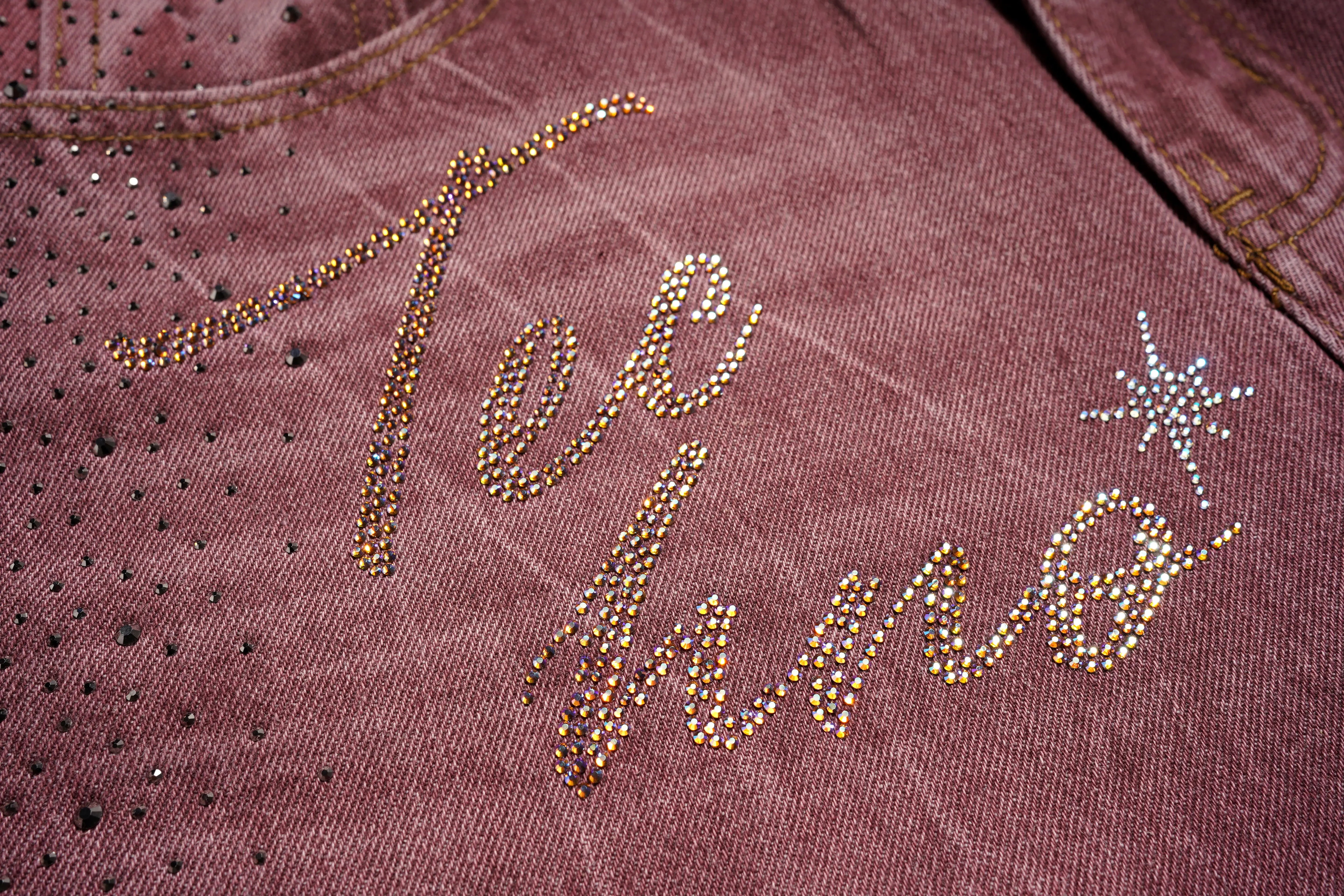 Close-up of a pink denim jacket with 'Tel Aviv' embroidered in rhinestones. TCH Techno Butterfly Rhinestone Burgundy Jeans