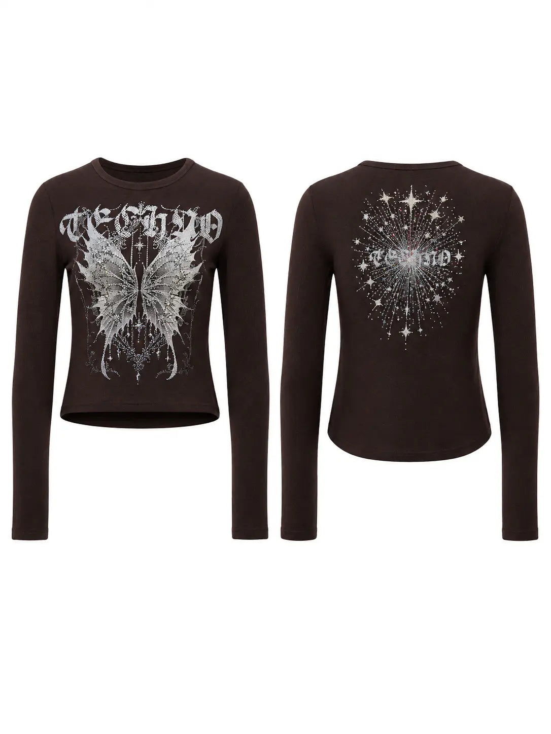 A dark brown long-sleeve crop top shown from both front and back. The front features a large silver gothic-style graphic of a winged figure with the word 'MEMENTO' above it. TCH Techno Butterfly Starburst Graphic Long Sleeve Top