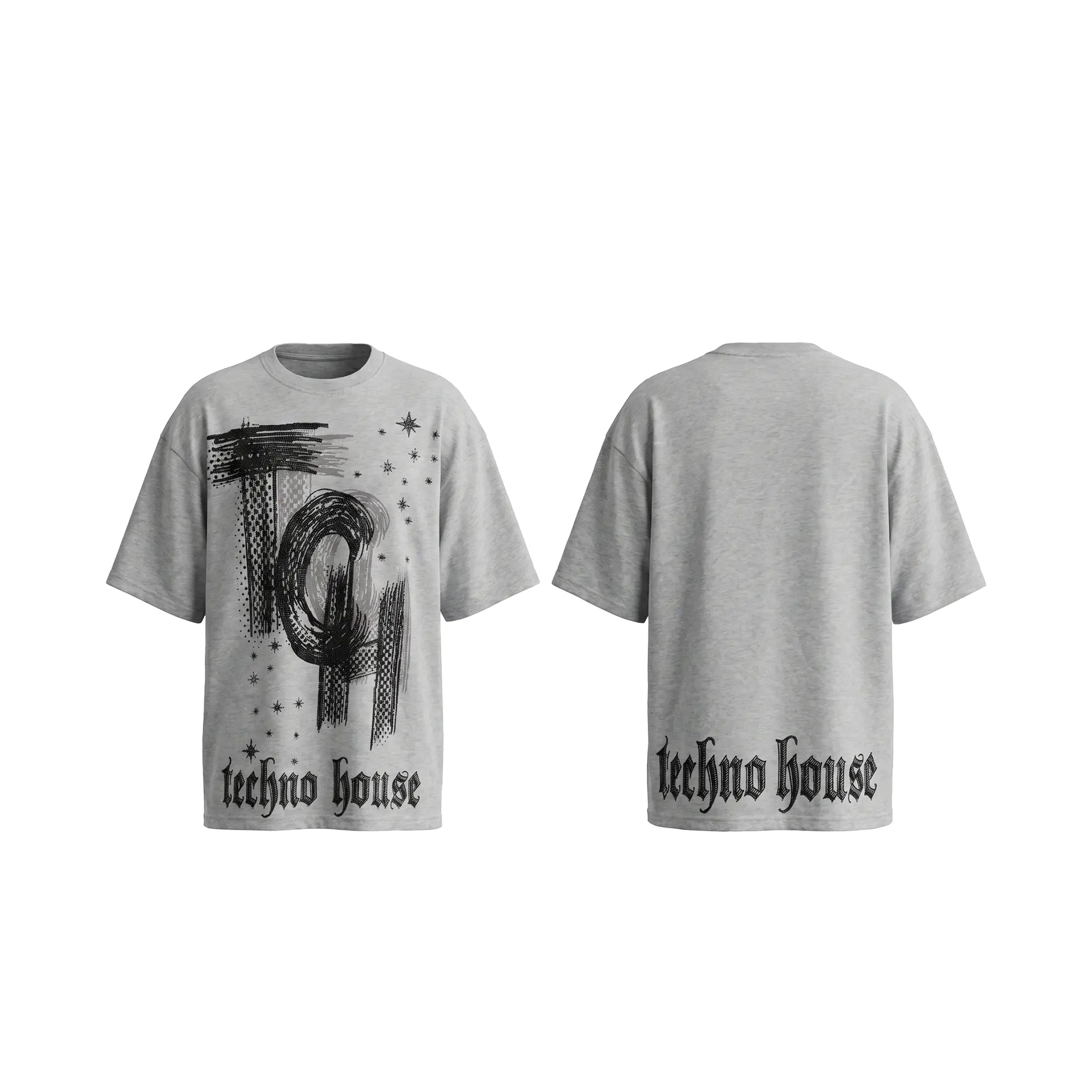 Front and back views of a light gray heather t-shirt. The front features a black graphic of the letters 'T' and 'Q' with stars and the text 'techno house' in a gothic font. TCH Techno House Abstract Graphic Oversized T-Shirt