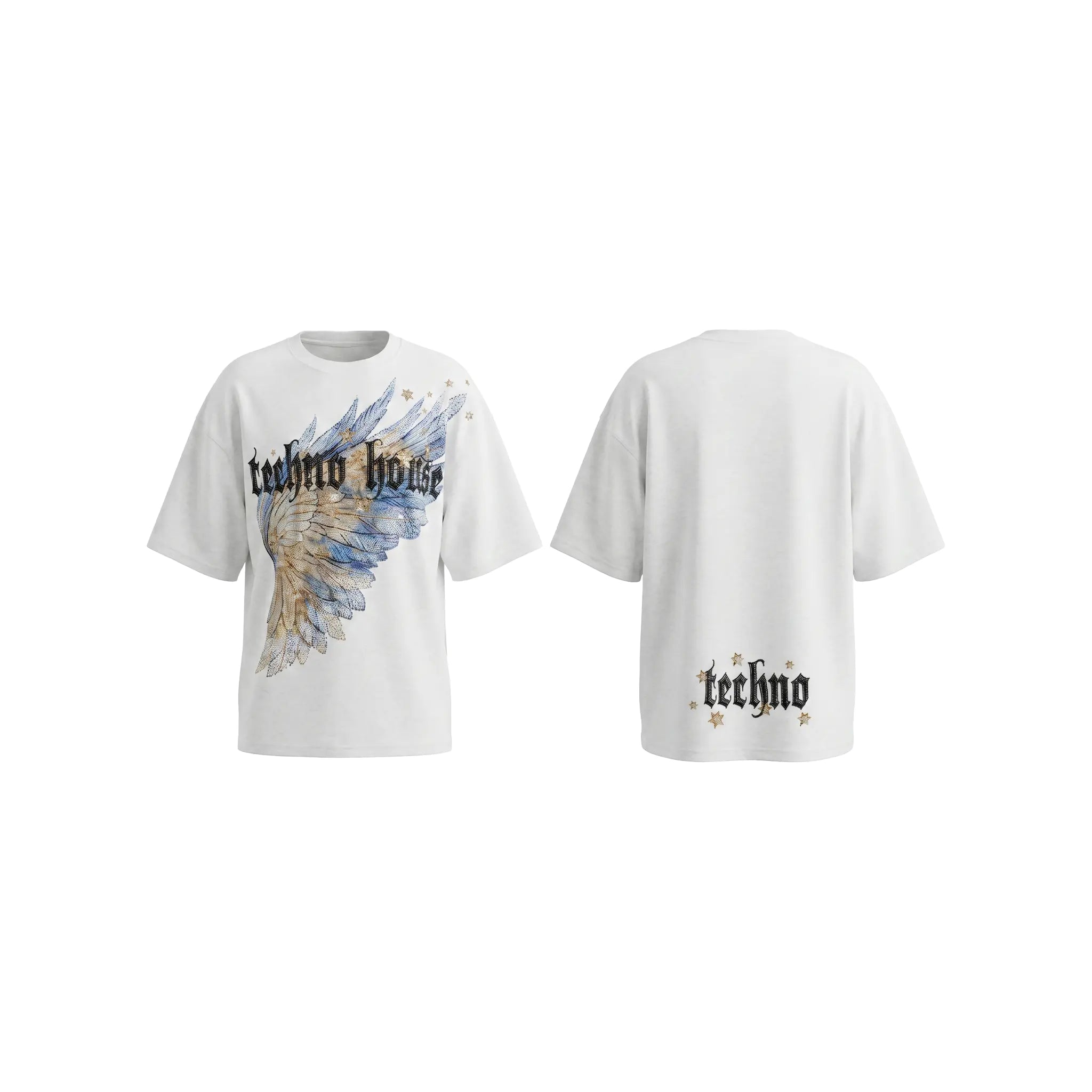 A white short-sleeve t-shirt shown from both the front and back. The front features a graphic of a blue and gold wing with the text 'techno house' in a black gothic font. TCH Techno House Wing Graphic Oversized T-Shirt
