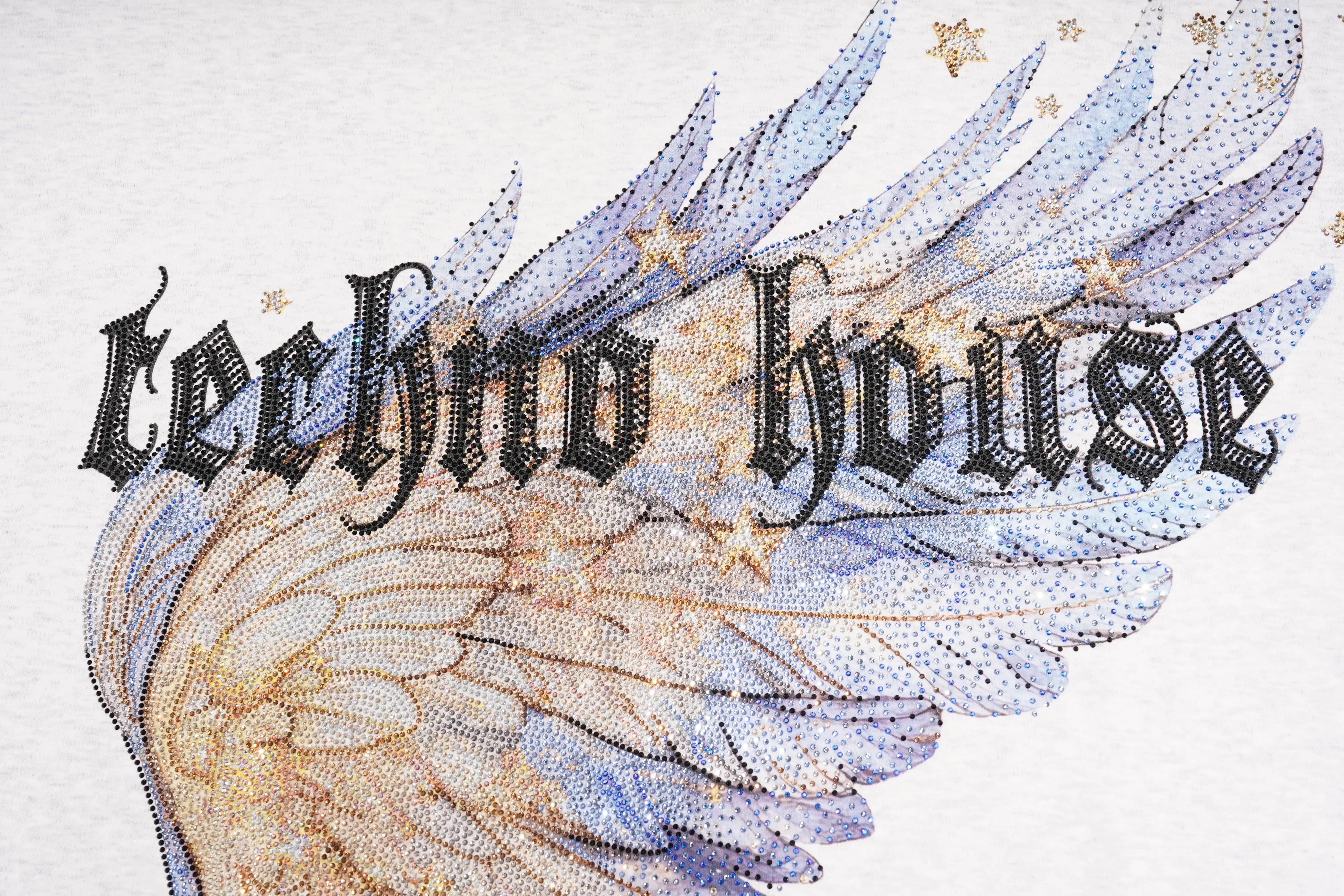 A close-up of a graphic design featuring the text 'Techno House' in a black gothic font over a large wing motif with blue, beige, and gold tones on a white background. TCH Techno House Wing Graphic Oversized T-Shirt