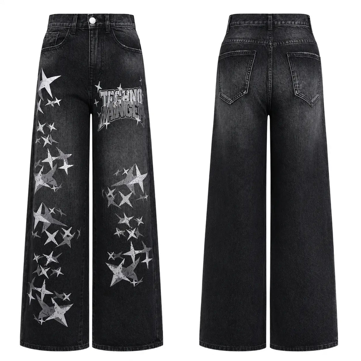 Black wide-leg denim jeans shown from the front and back, featuring a distressed wash, scattered silver star graphics, and a metallic 'TAG HEADING' logo on the upper left leg. TCH Techno Magic Star Graphic Wide-Leg Jeans