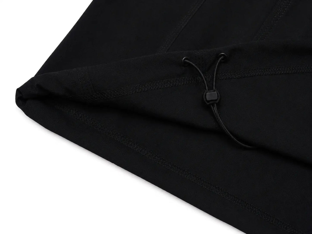 Close-up of a black garment corner with a drawstring closure, showing the fabric texture and stitching against a white background. TCH Techno Rhinestone Angel Wings Lace Trim Off-Shoulder Top