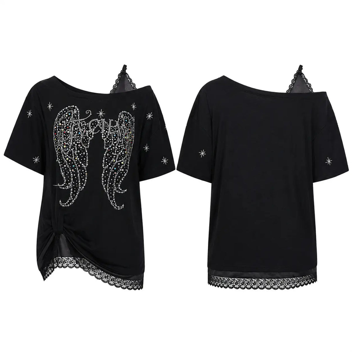 Black off-the-shoulder short-sleeve top shown from the front and back, featuring a large rhinestone angel wings design on the front, small rhinestone star accents on the sleeves, and a black lace hem. TCH Techno Rhinestone Angel Wings Lace Trim Off-Shoulder Top