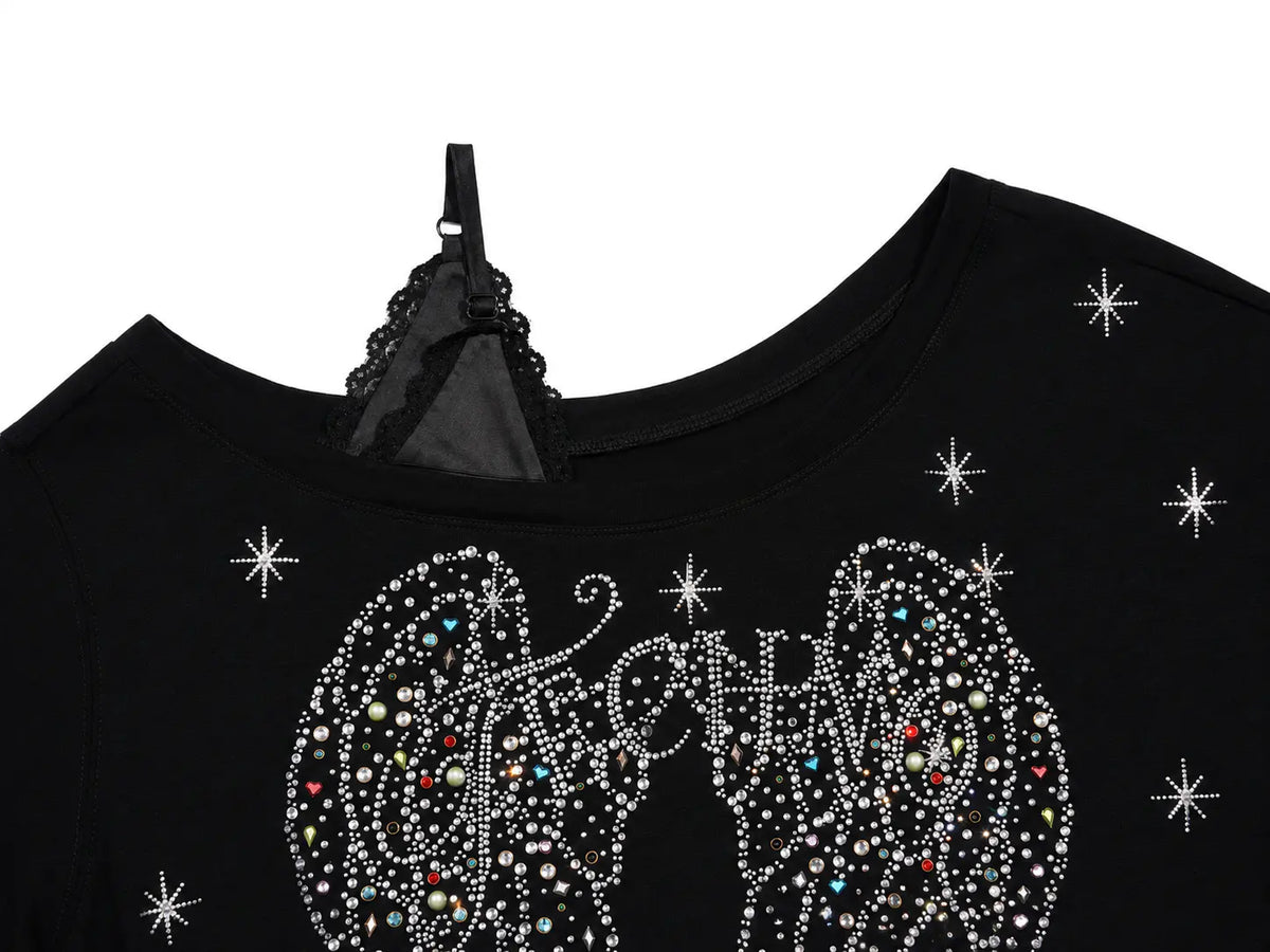 Black long-sleeve top with a rhinestone angel wings graphic and colorful gem accents, featuring a lace-trimmed neckline and a black strap at the back. TCH Techno Rhinestone Angel Wings Lace Trim Off-Shoulder Top