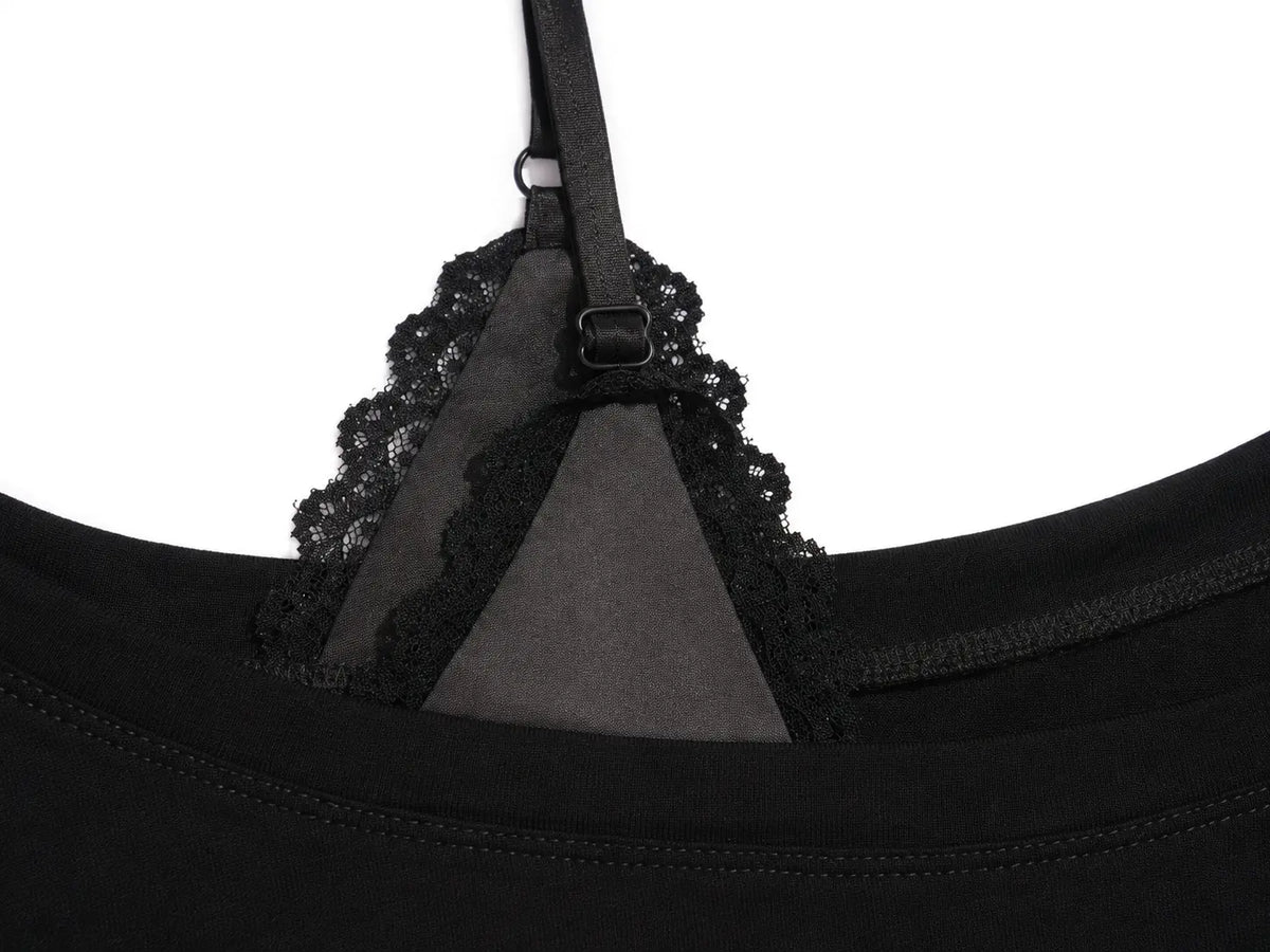 Close-up of a black lingerie top showing the underwire cup with black lace trim, a black adjustable strap with a metal slider, and a sheer black mesh center panel. TCH Techno Rhinestone Angel Wings Lace Trim Off-Shoulder Top