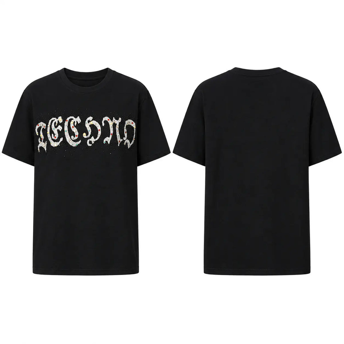A black short-sleeve t-shirt shown from both the front and back. The front features a distressed, gothic-style white graphic text reading 'SECOND'. TCH Techno Rhinestone Gothic Graphic Black T-Shirt