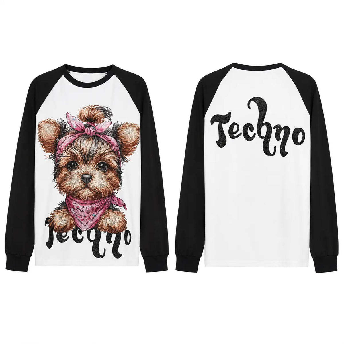 Front and back views of a raglan long-sleeve shirt. The front has a white body with black sleeves and a graphic of a Yorkshire Terrier wearing a pink bandana, with 'Techno' written in black script. TCH Techno Teddy Graphic Raglan Long Sleeve Shirt