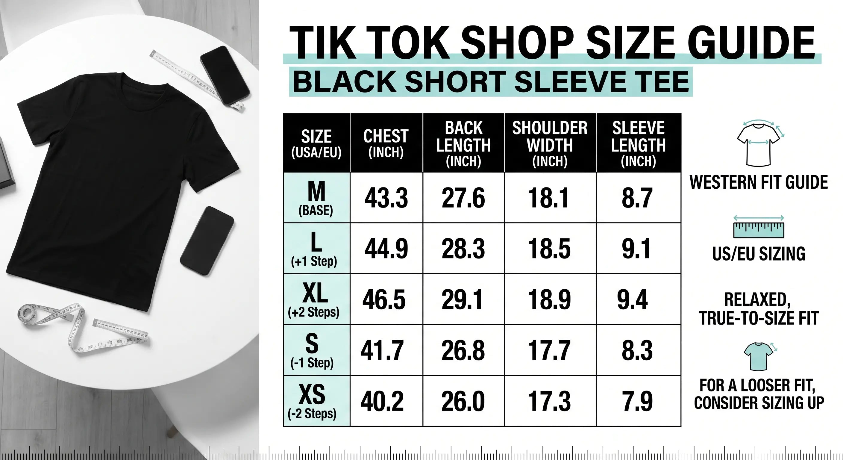 Black short-sleeve t-shirt with size chart and measurement guide on a white background, TCH Techno Teddy Rhinestone T-Shirt