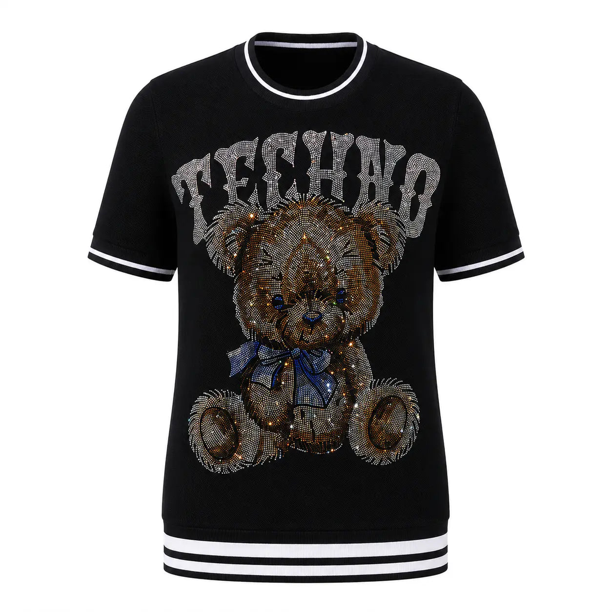 Black t-shirt with teddy bear graphic and 'TECHNO' text on a white background, TCH Techno Teddy Rhinestone T-Shirt