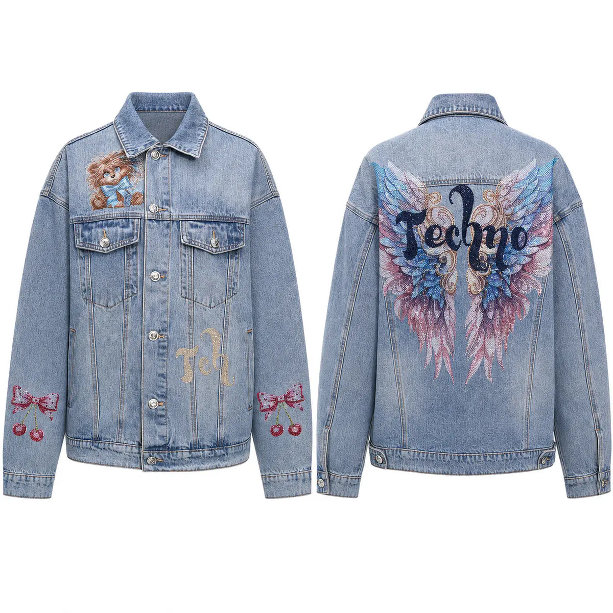 TCH Techno Wings Rhinestone Graphic Denim Jacket Luxury Streetwear Brand Official Showcase