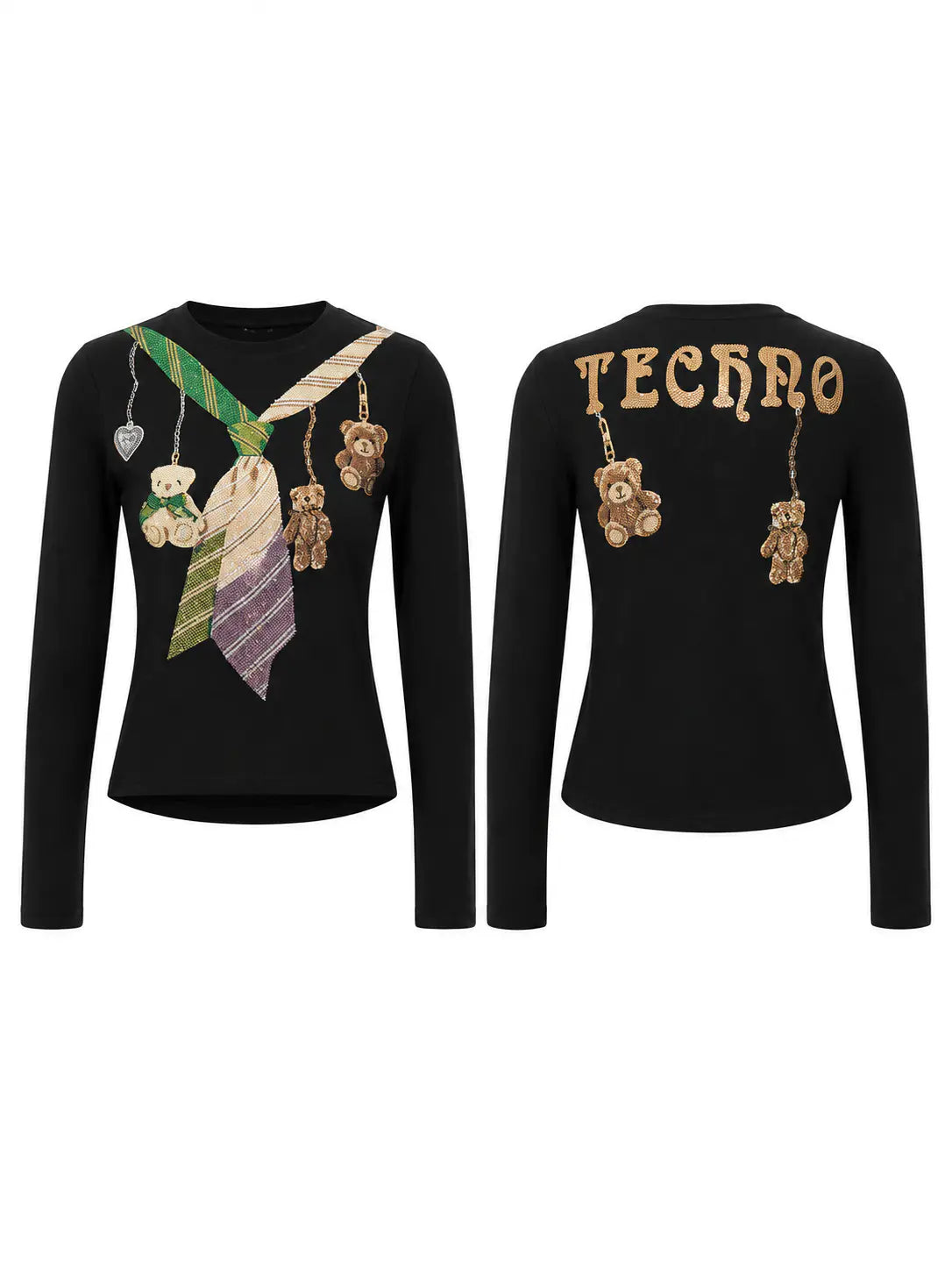 Black long-sleeve top shown from front and back. The front features a large embroidered necktie motif in green, beige, and purple with hanging teddy bear charms, and the back has 'TECNRO' embroidered in gold above matching teddy bear charms. TCH Teddy Bear Charm Tie Graphic Black Long Sleeve T-Shirt