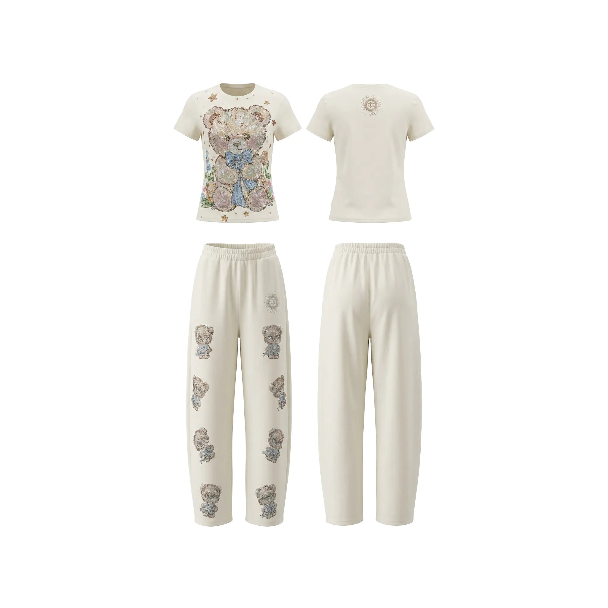Set of pajamas with teddy bear design on a white background, TCH Teddy Bear Garden Rhinestone Lounge Set