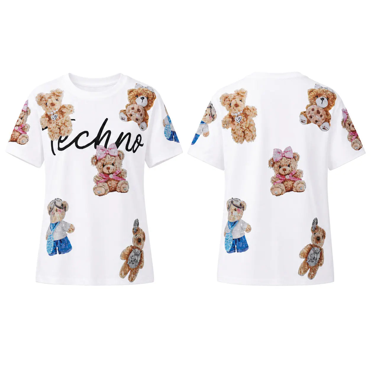 White short-sleeve T-shirt shown from the front and back, featuring an all-over print of teddy bears in different poses and outfits, plus black script text on the front. TCH Teddy Bear Rhinestone All-Over Graphic T-Shirt