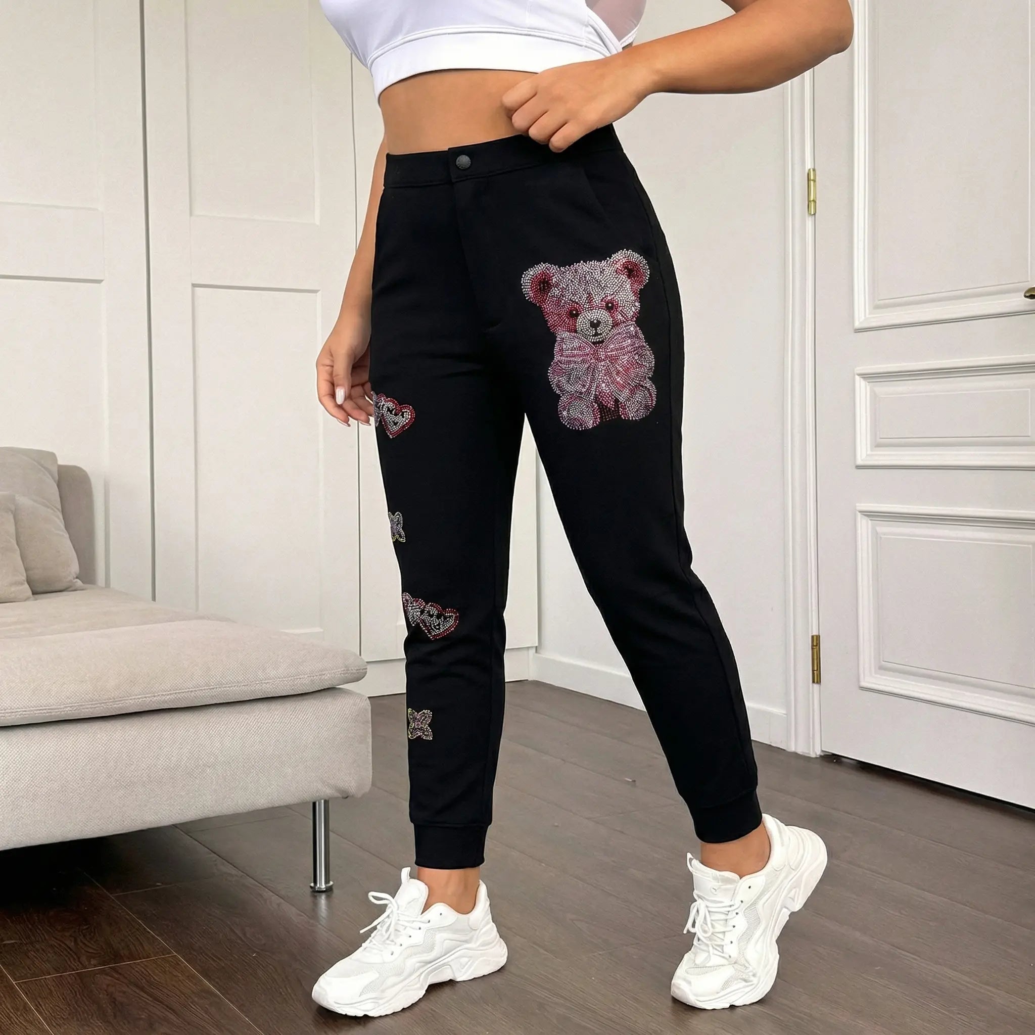 TCH Teddy Bear Rhinestone Black Jogger Pants Luxury Streetwear Brand Official Showcase