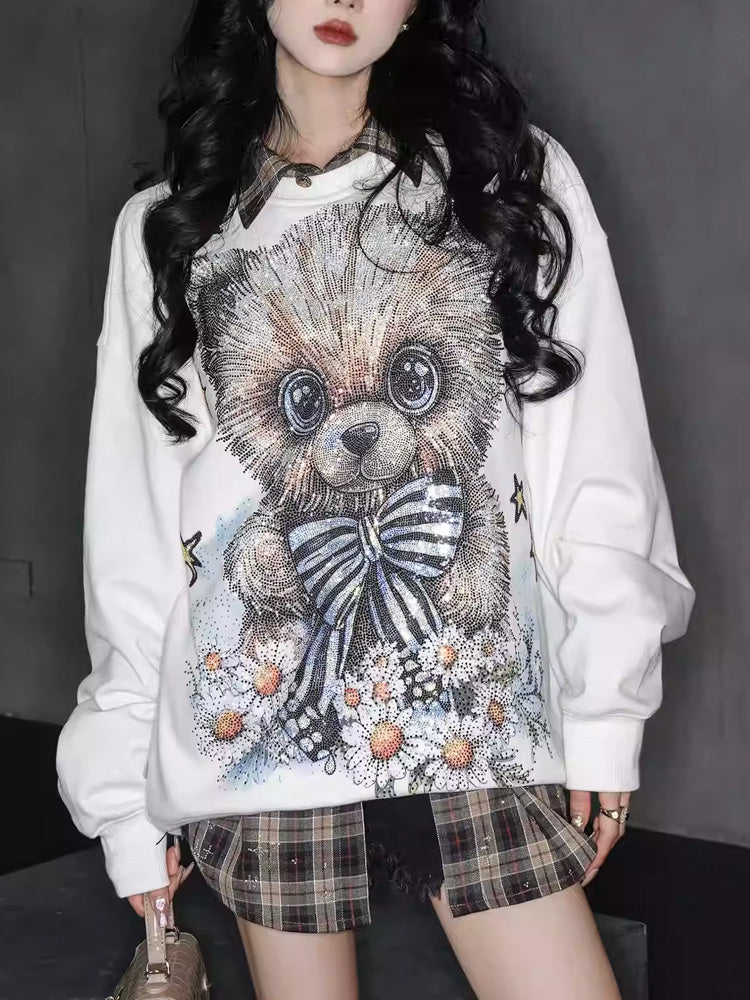 tch teddy bear rhinestone bow sweatshirt white HighEnd Luxury Streetwear Brand Official Showcase