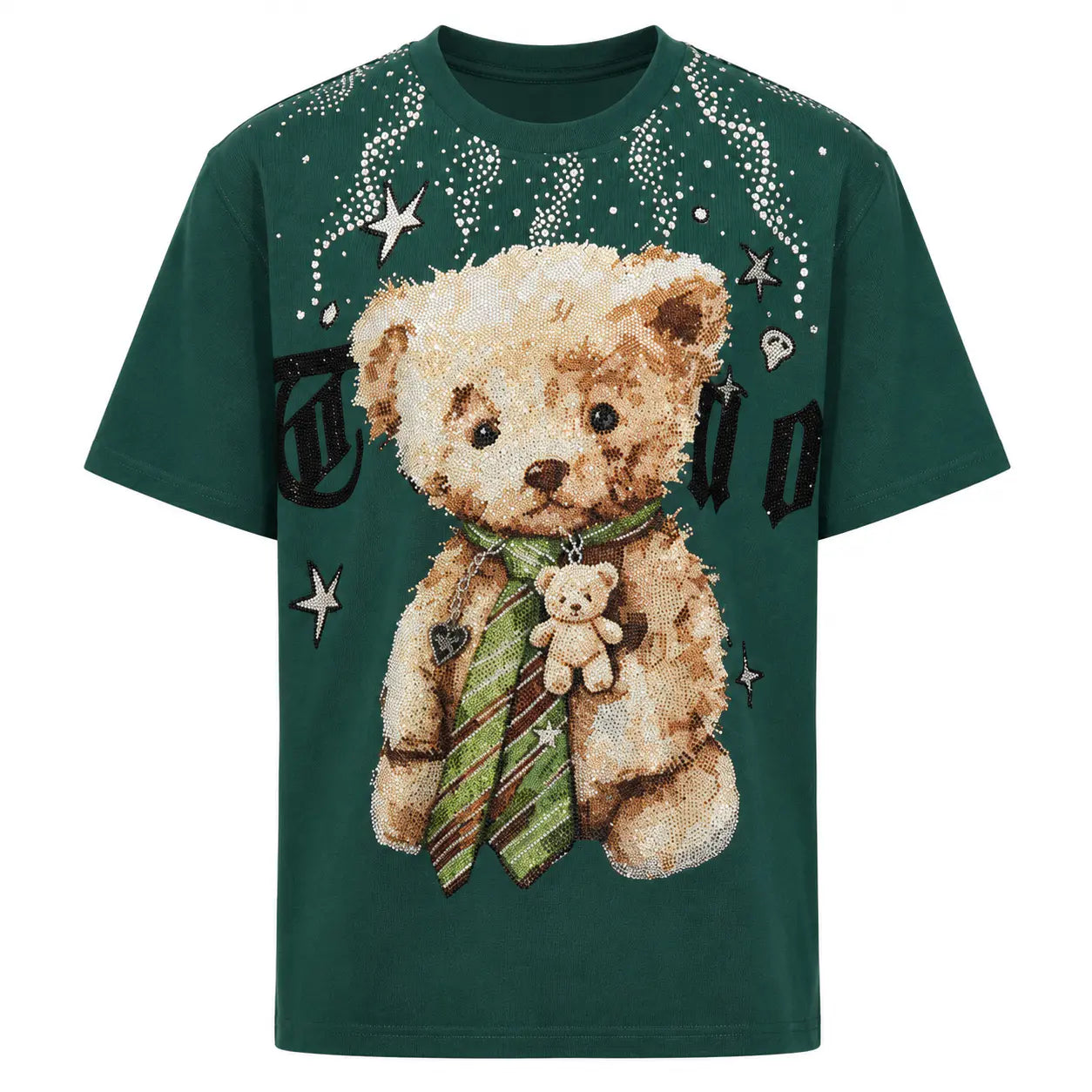 A dark green short-sleeve t-shirt featuring a large graphic of a beige teddy bear wearing a green striped tie and holding a small teddy bear, with white starry and dotted patterns on a white background. TCH Teddy Bear Rhinestone Graphic T-Shirt