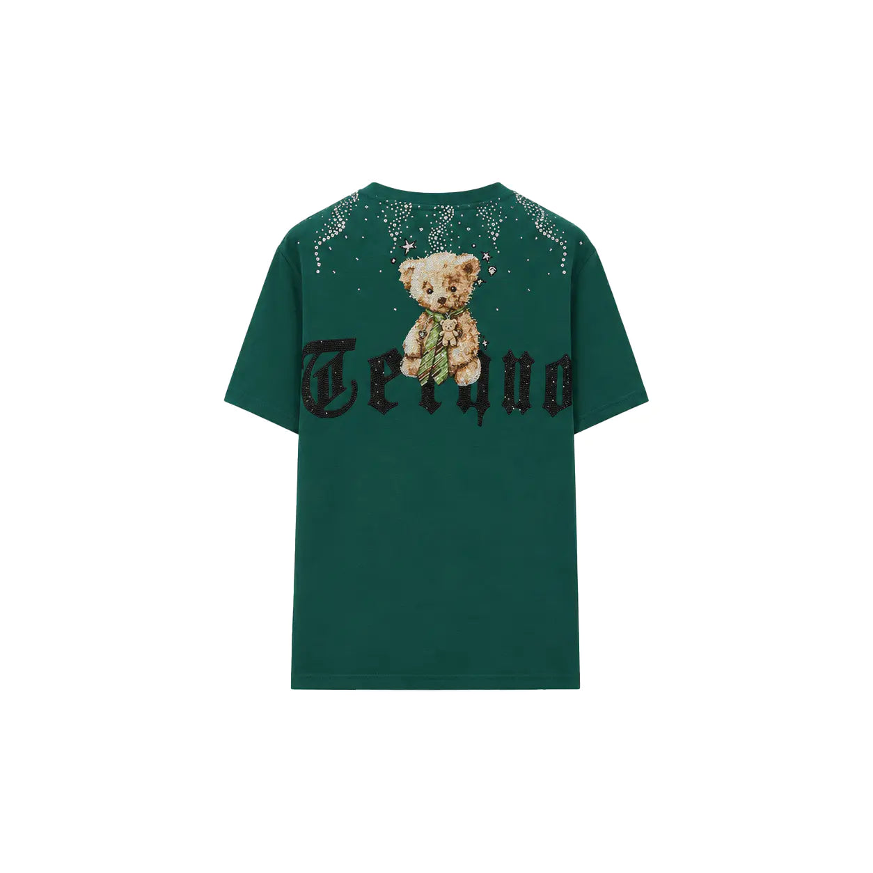 A dark green short-sleeve t-shirt featuring a teddy bear graphic and gothic-style lettering on the back, displayed against a solid white background. TCH Teddy Bear Rhinestone Graphic T-Shirt