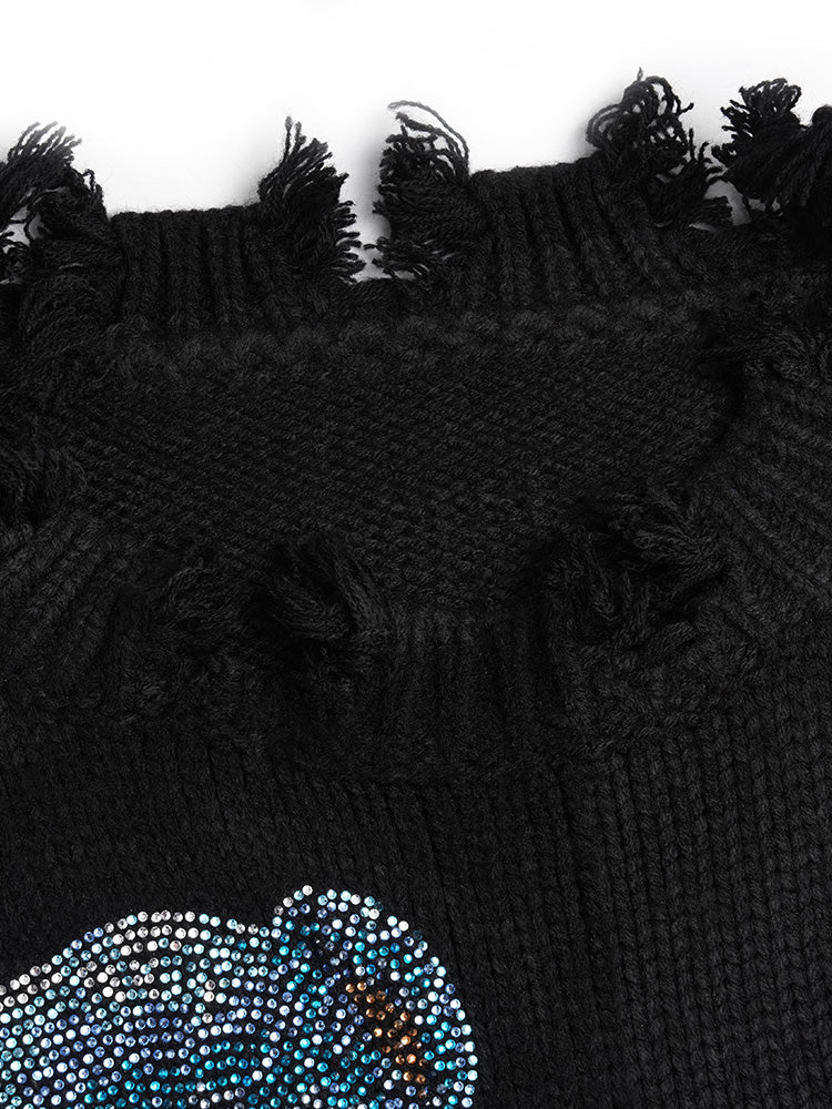 tch teddy bear rhinestone mesh contrast sweater black HighEnd Luxury Streetwear Brand Official Showcase
