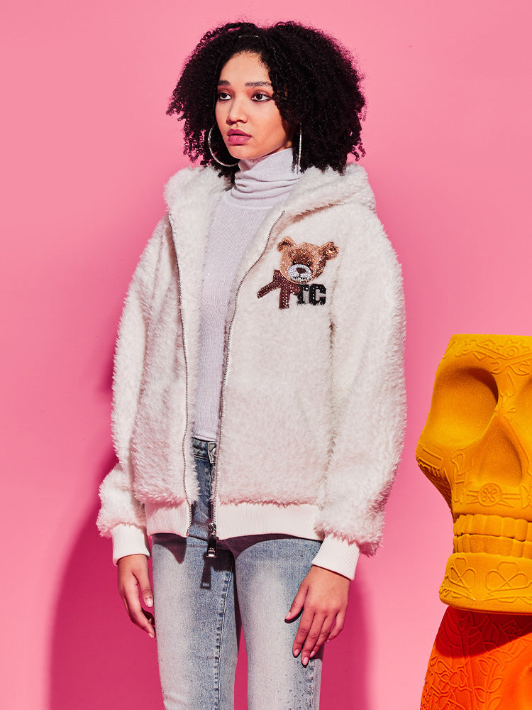 tch teddy bear rhinestone sherpa hooded jacket white HighEnd Luxury Streetwear Brand Official Showcase