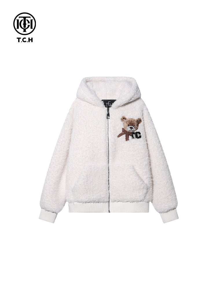 tch teddy bear rhinestone sherpa hooded jacket white HighEnd Luxury Streetwear Brand Official Showcase