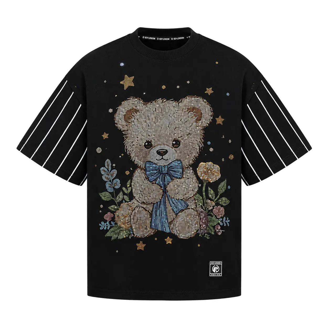 Black t-shirt with a teddy bear and floral design on a white background, TCH Teddy Bear & Stars Rhinestone T-Shirt