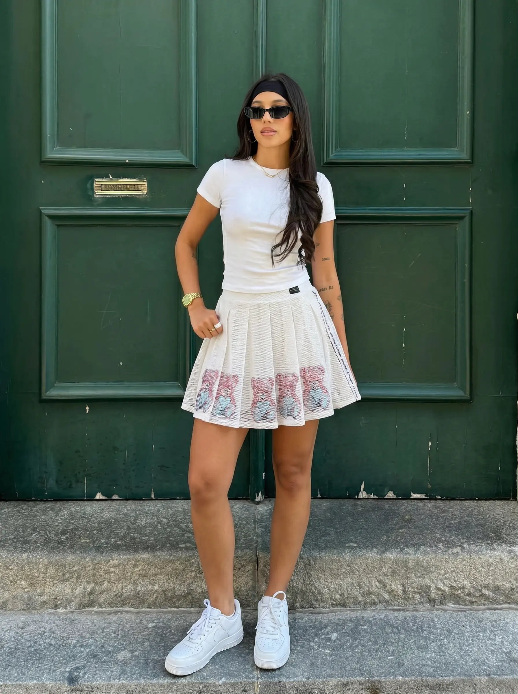 TCH Teddy Rhinestone Mesh Skirt Shorts White Streetwear Pleated Mini Skort Luxury Streetwear Brand Official Showcase