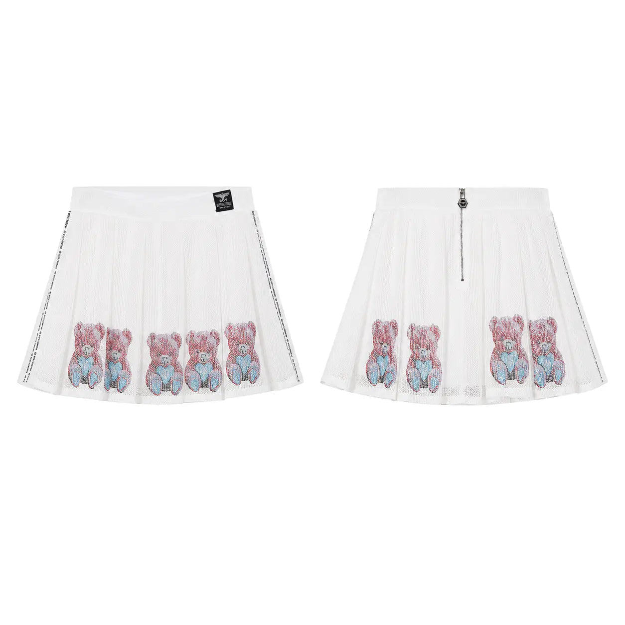 TCH Teddy Rhinestone Mesh Skirt Shorts White Streetwear Pleated Mini Skort Luxury Streetwear Brand Official Showcase