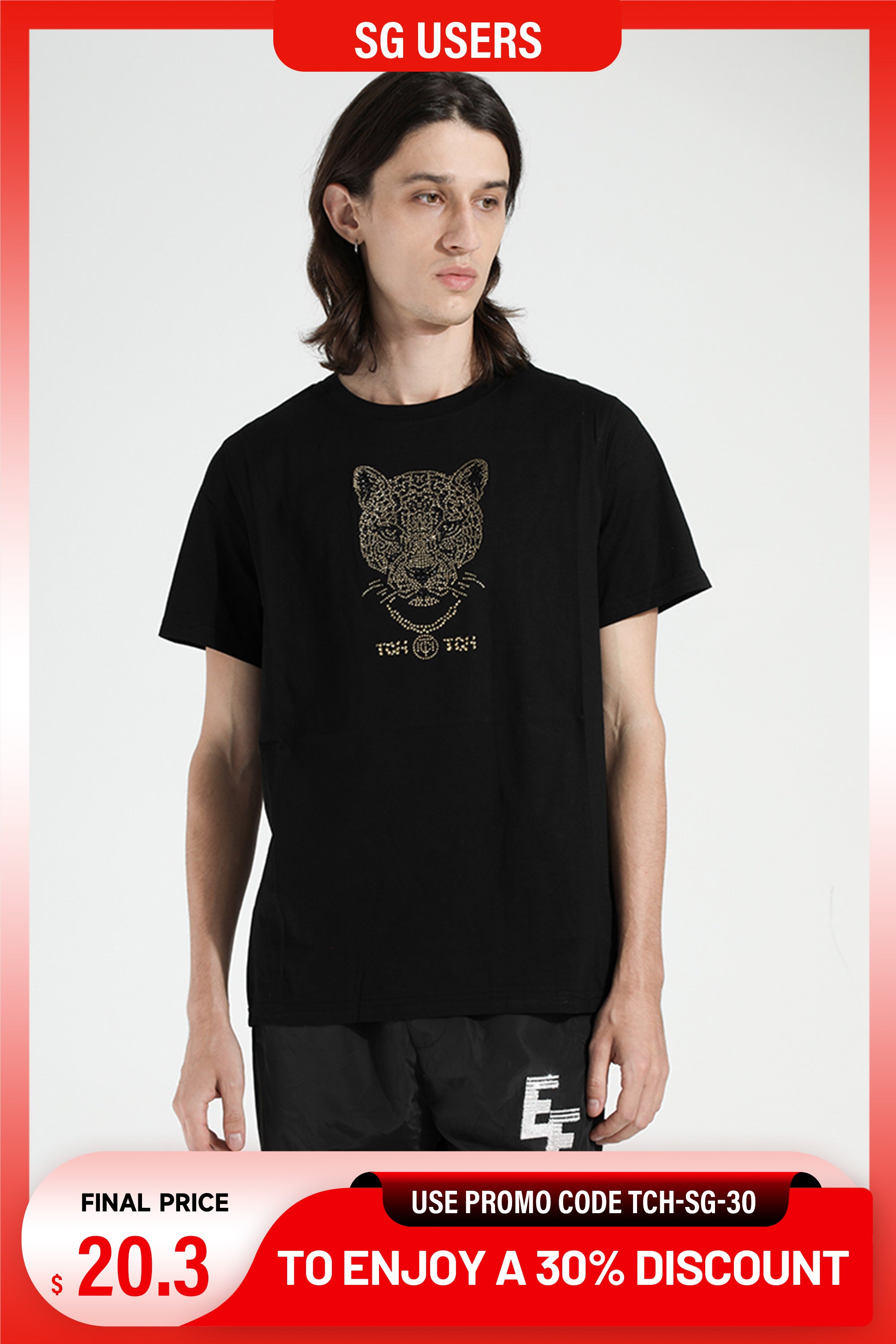 Person wearing a black t-shirt with a tiger logo on a white background, TCH Unisex Graphic Rhinestone Sparkle T-Shirt