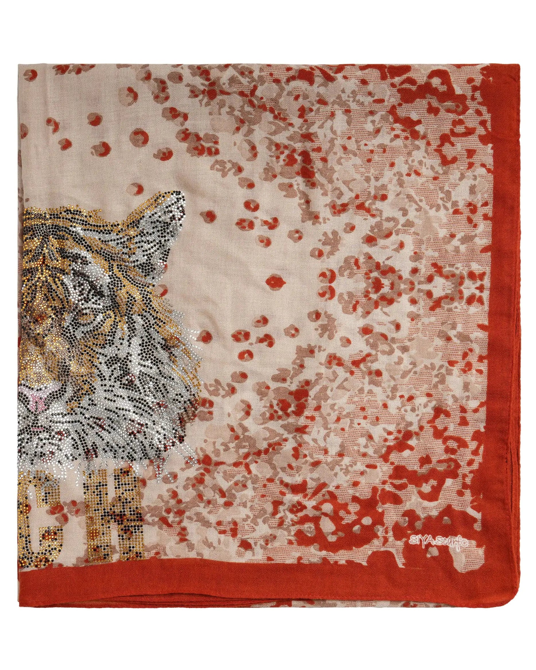A square scarf featuring a tiger illustration on the left side and a red speckled pattern across the rest of the fabric, finished with a solid red border, shown flat against a white background. TCH Vintage Leopard Print Lightweight Fashion Scarf