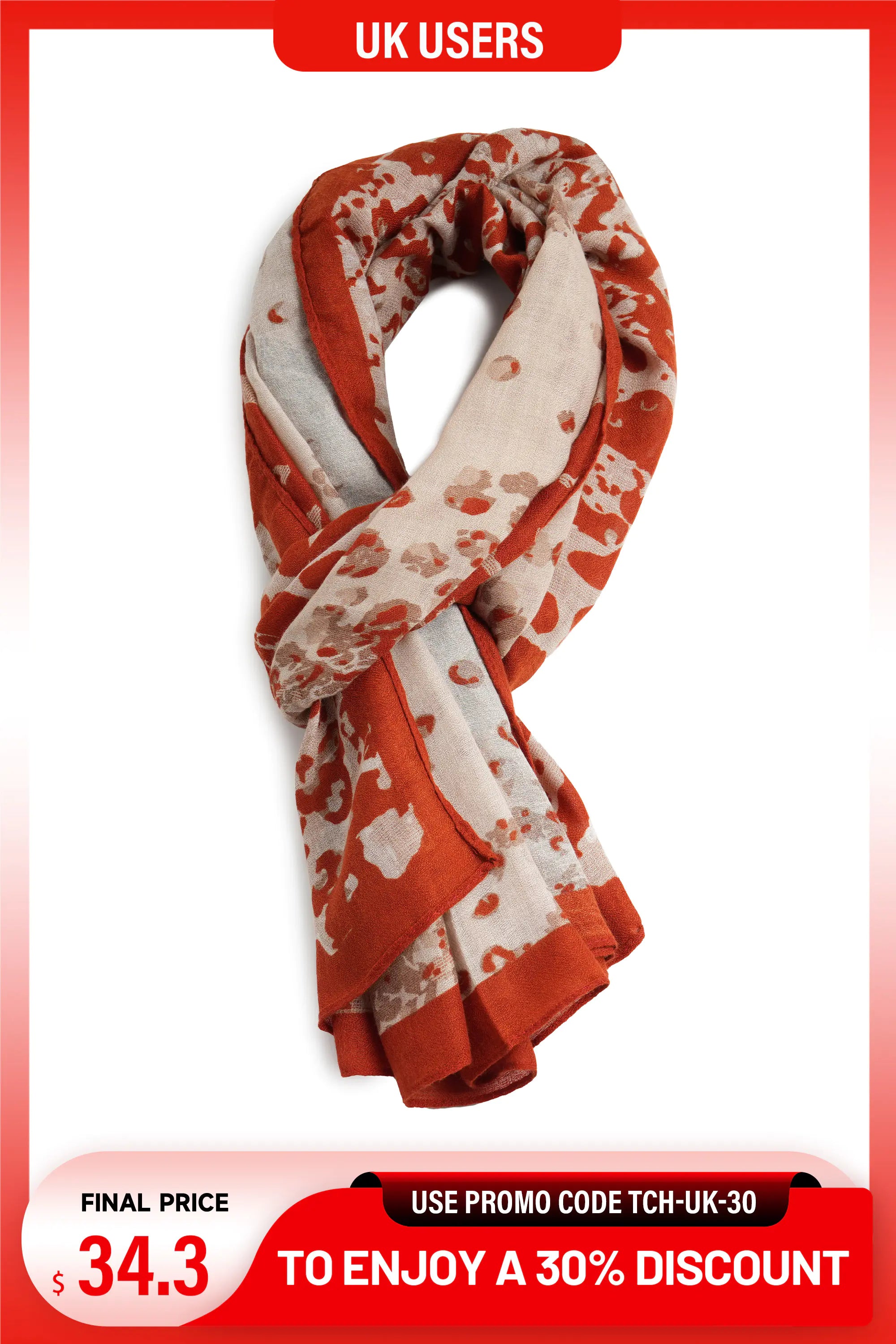 A lightweight scarf with a rust orange and cream abstract pattern, presented on a white background with promotional text banners at the top and bottom. TCH Vintage Leopard Print Lightweight Fashion Scarf