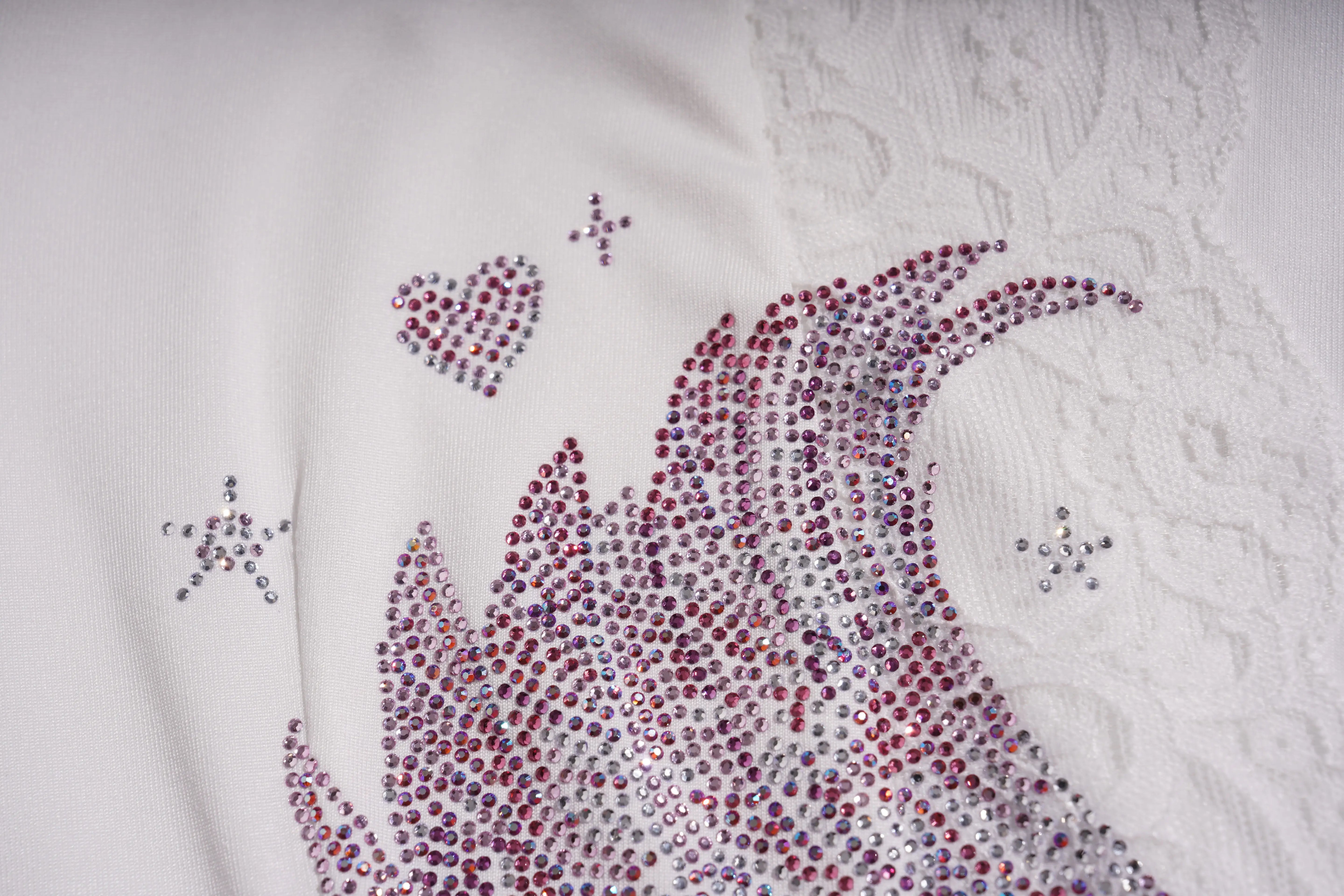 Decorative pillow with rhinestone embellishments on a white background, TCH White Lace Trim V-Neck Rhinestone Wing Long Sleeve Top