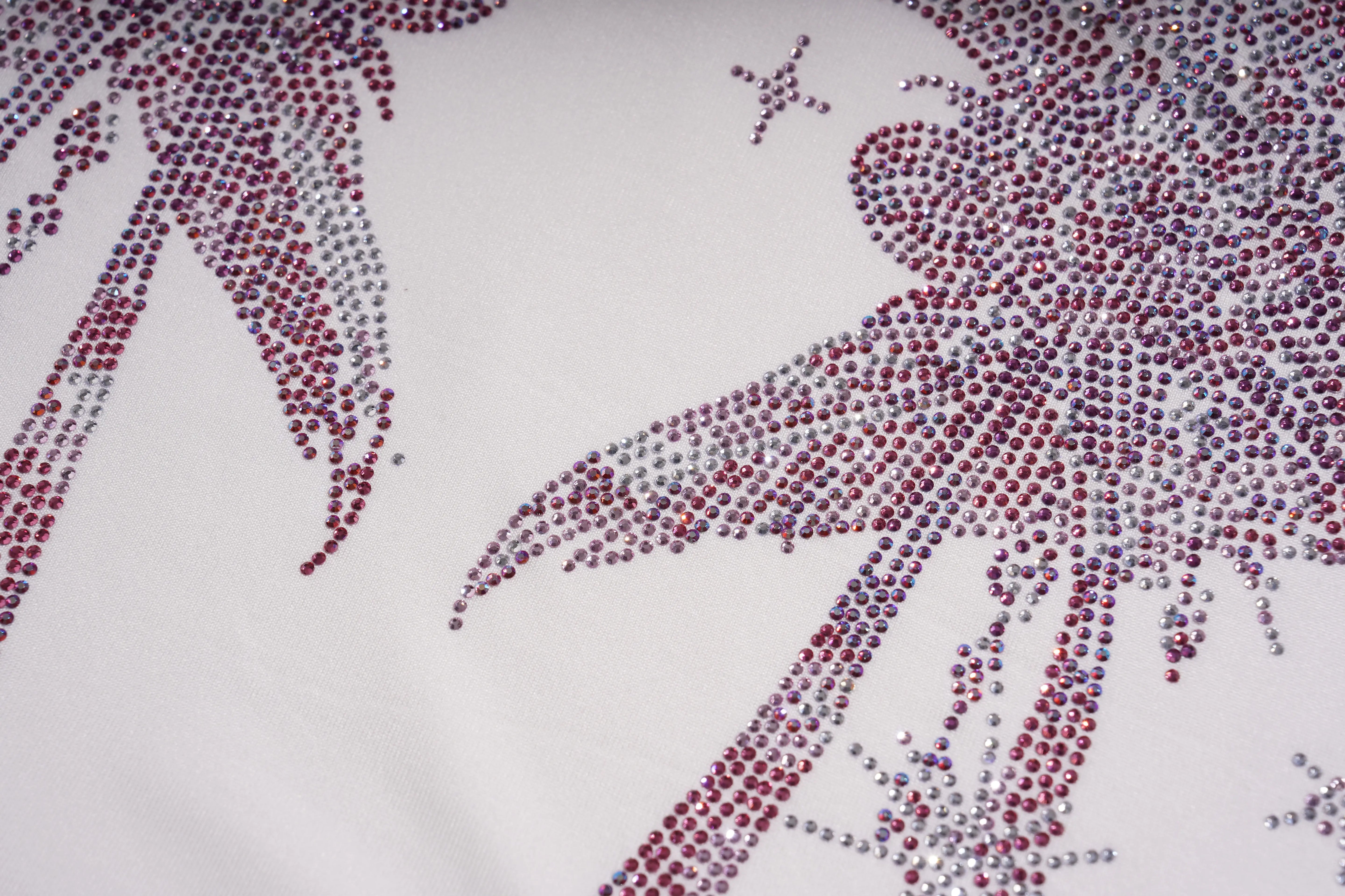 Decorative pillow with red and silver rhinestone design on a white background, TCH White Lace Trim V-Neck Rhinestone Wing Long Sleeve Top