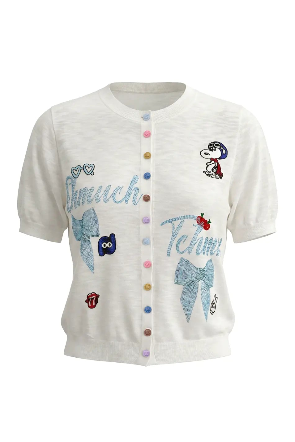 White cardigan with colorful embellishments on a white background, TCH White Rhinestone Bow Knit Cardigan