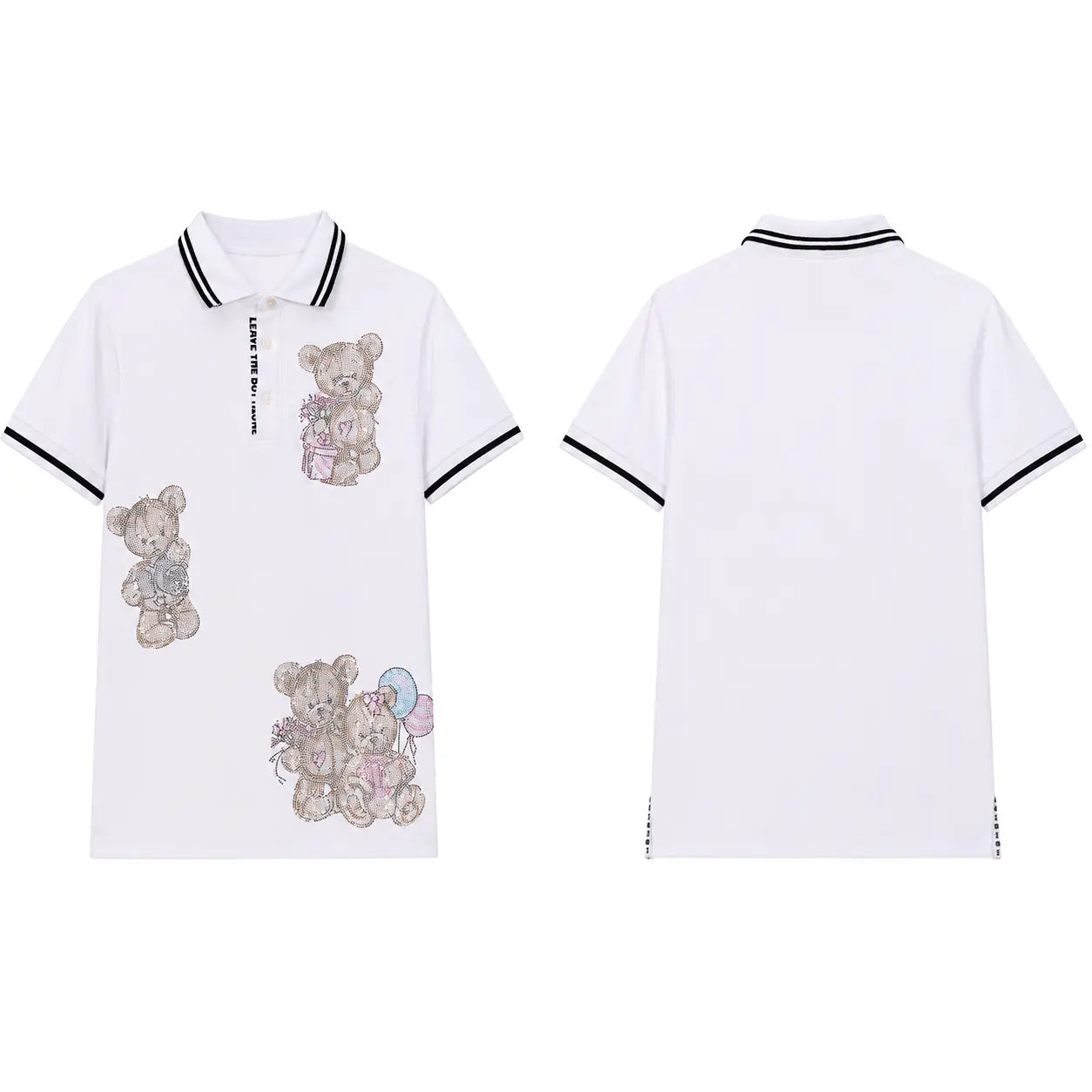 White short-sleeve polo shirt shown from the front and back, featuring black trim on the collar and sleeve cuffs, with teddy bear illustrations in soft pastel tones on the front. TCH White Teddy Bear Embellished Polo Shirt
