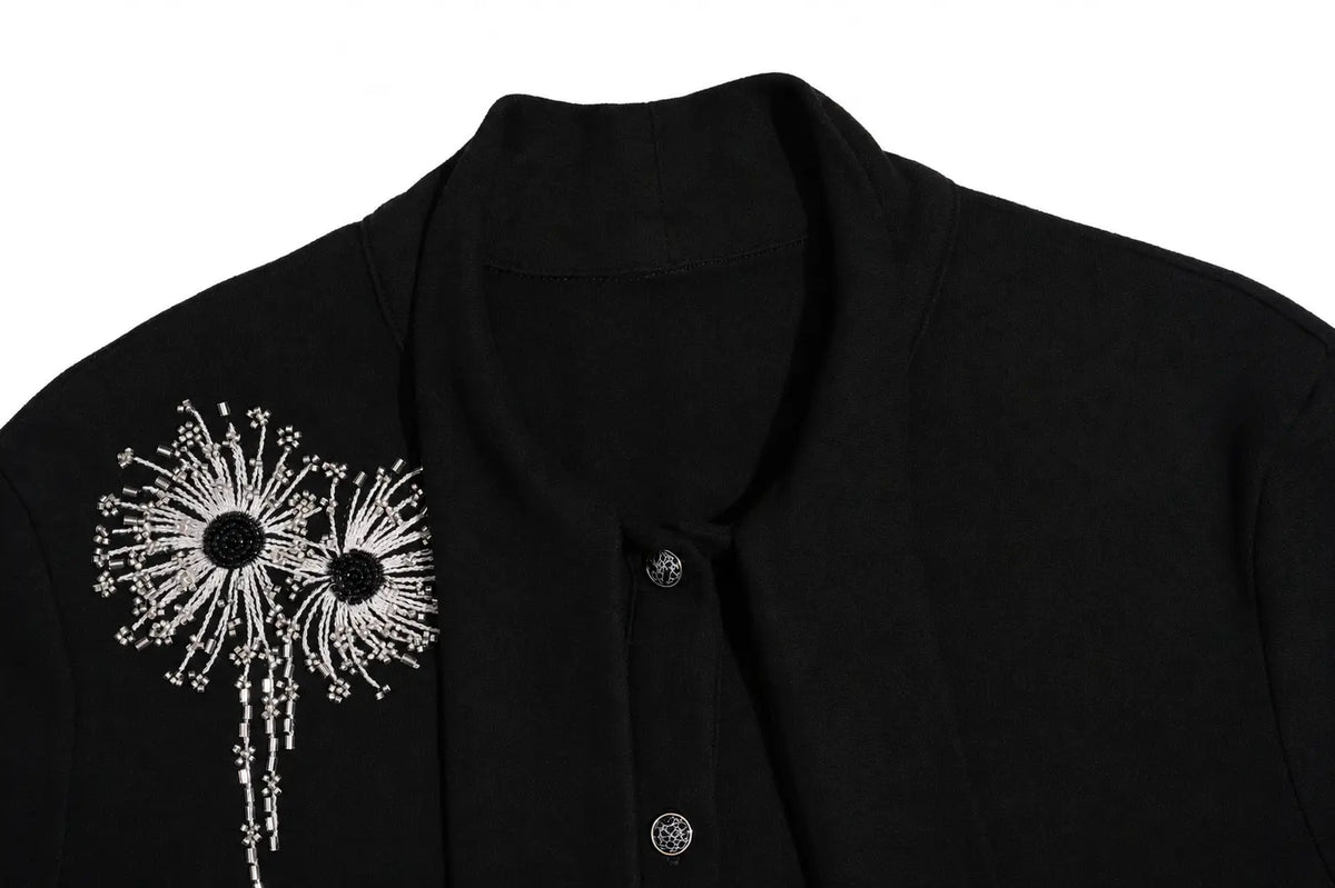 TCH Women's Black Rhinestone Scarf Collar Long Sleeve Top Luxury Streetwear Brand Official Showcase
