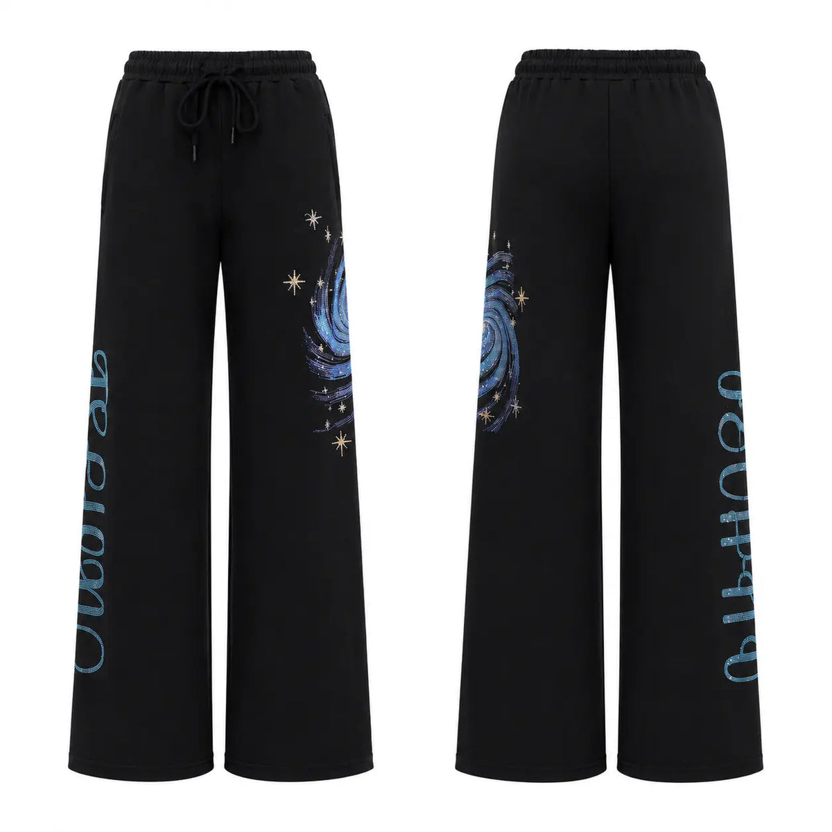 Black wide-leg sweatpants shown from the front and back, featuring a blue spiral galaxy print with gold stars on the upper leg and light blue vertical script text down the side. TCH Women’s Black Wide-Leg Sweatpants with Rhinestone Star Graphic