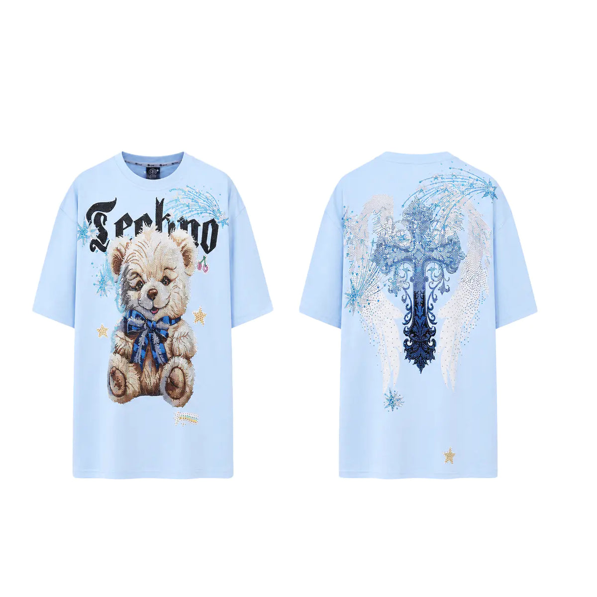 A light blue graphic T-shirt shown from both front and back. The front features a large teddy bear illustration with a blue bow and the word 'Techno' in black gothic lettering. TCH Women's Blue Teddy Bear Graphic Oversized T-Shirt