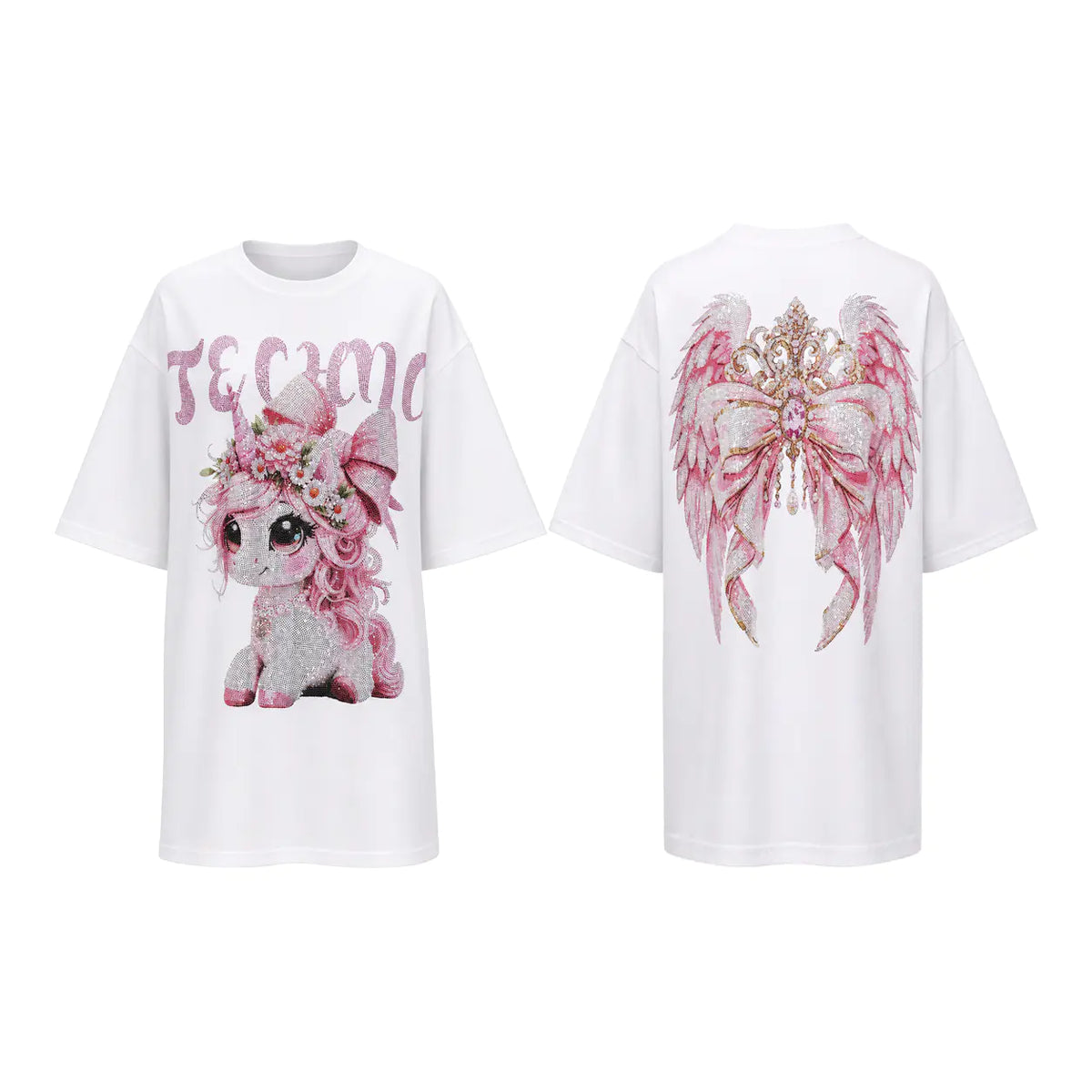 White short-sleeve T-shirt shown from the front and back. The front features a pink glittery cartoon unicorn graphic with the word 'TECHNCLOTH' above it. TCH Women's Pink Angel Graphic Oversized T-Shirt