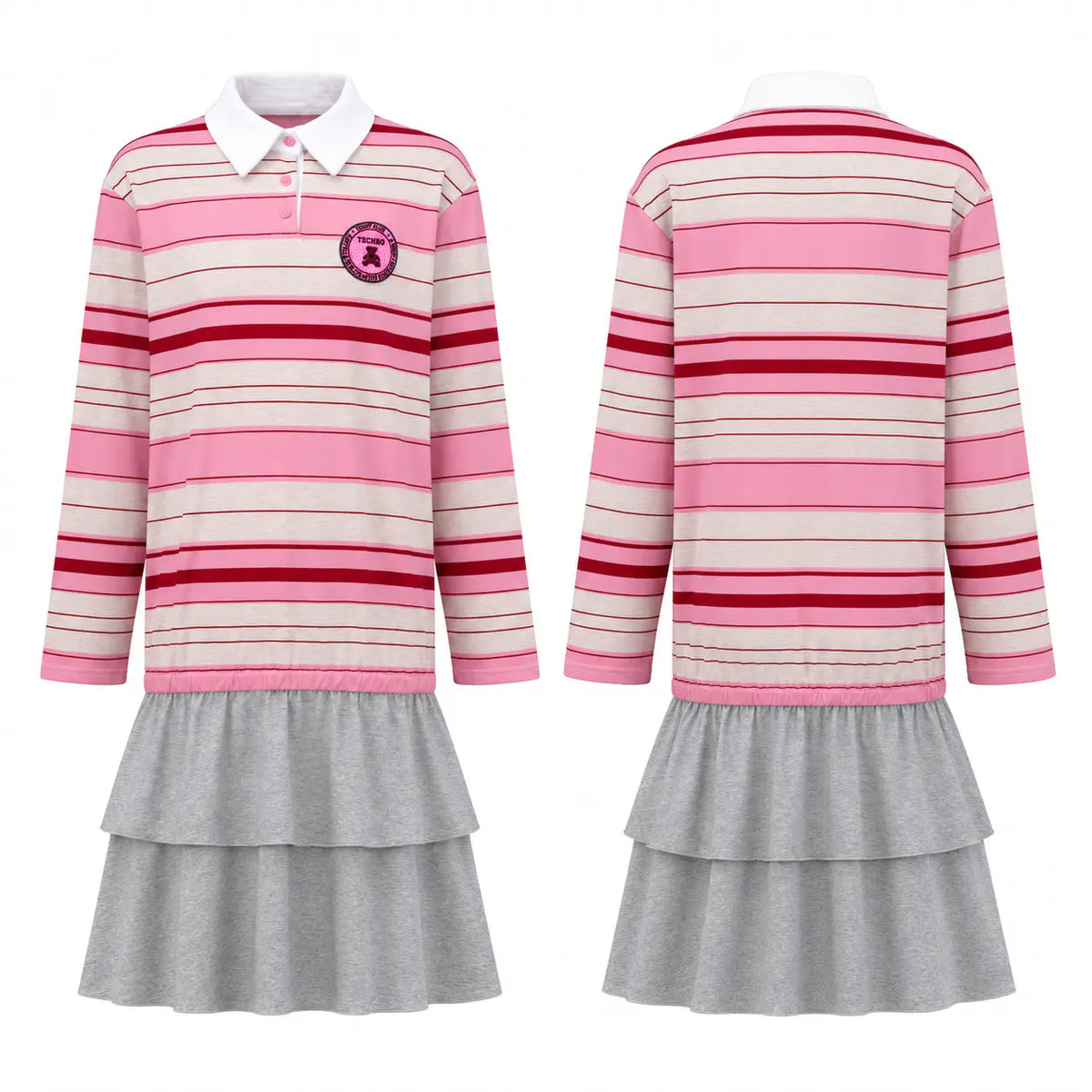 Front and back views of a long-sleeve striped knit dress with a white collar, featuring horizontal pink, red, and cream stripes on the top half and a layered light gray skirt on the bottom half. TCH Women's Striped Polo Mini Dress