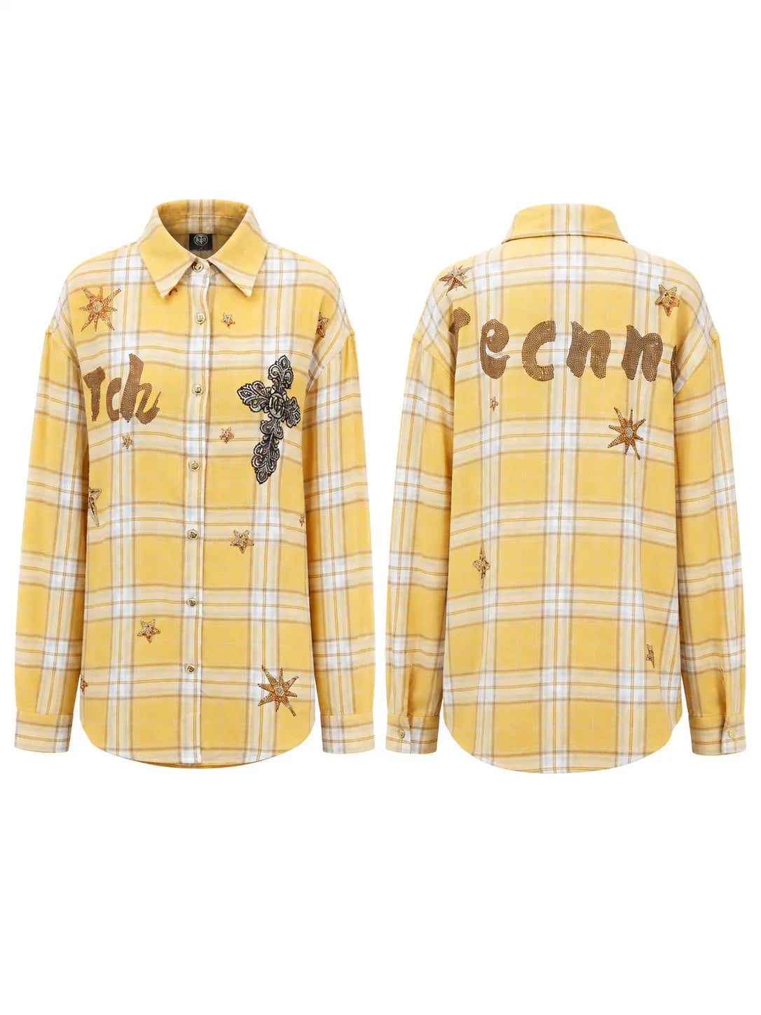 A yellow and white plaid button-up shirt shown from both the front and back. The front features a butterfly patch on the chest and the word 'tech' in brown script. TCH Yellow Plaid Embroidered Cross Shirt