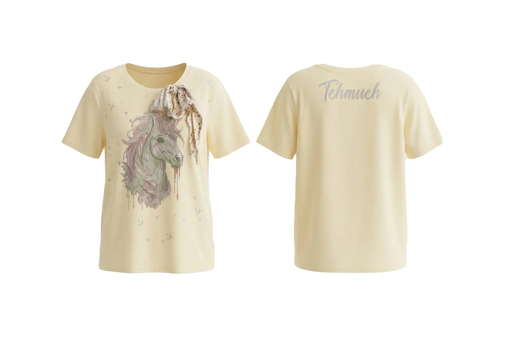 Beige t-shirt with a graphic design on a white background, TCH Yellow Rhinestone Realistic Unicorn Graphic Bow Detail T-Shirt