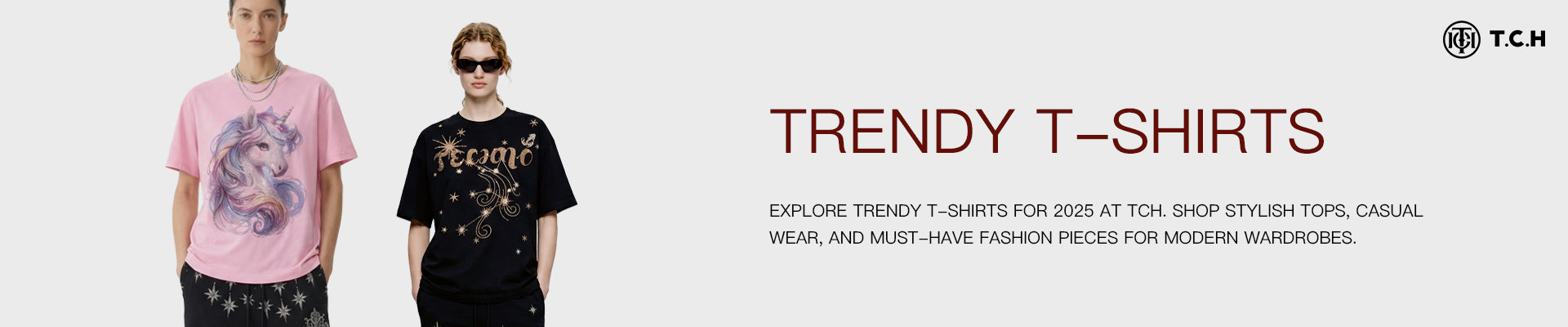 Two people wearing trendy t-shirts with promotional text for TCH brand.