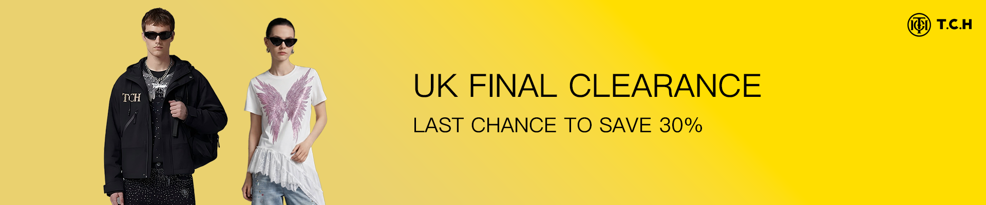 Two people standing against a yellow background with text about UK final clearance sale. UK FINAL CLEARANCE