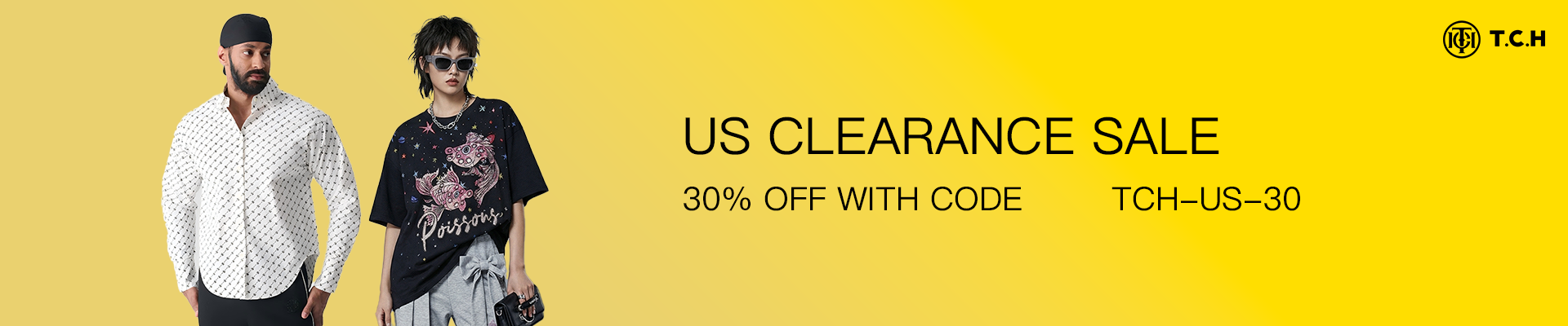 Two people standing side by side with a yellow background and text about a US clearance sale. US CLEARANCE SALE