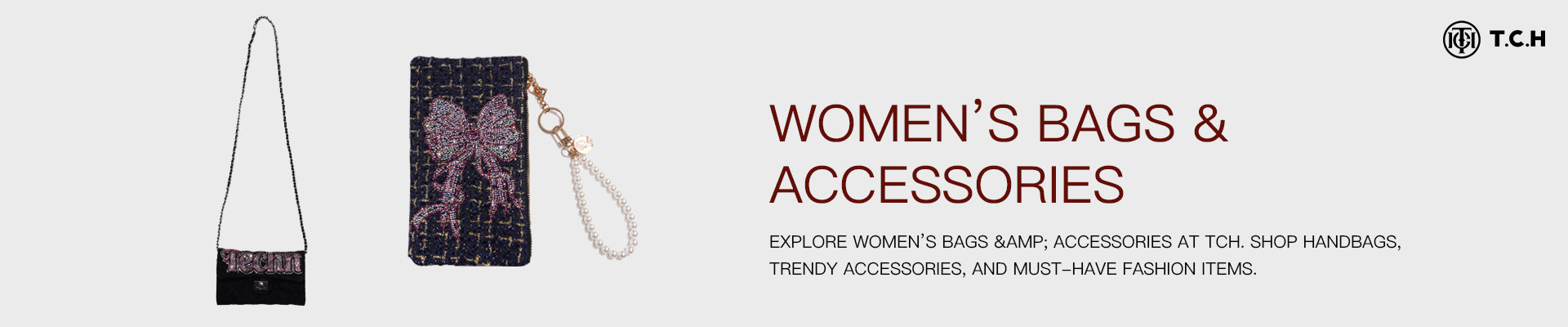 Two bags with decorative elements on a white background, featuring text about women's bags and accessories.