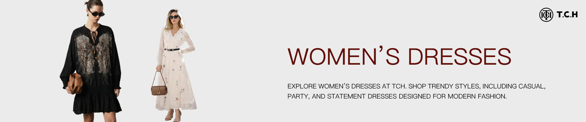 Two women wearing dresses with text promoting TCH women's dresses on a white background