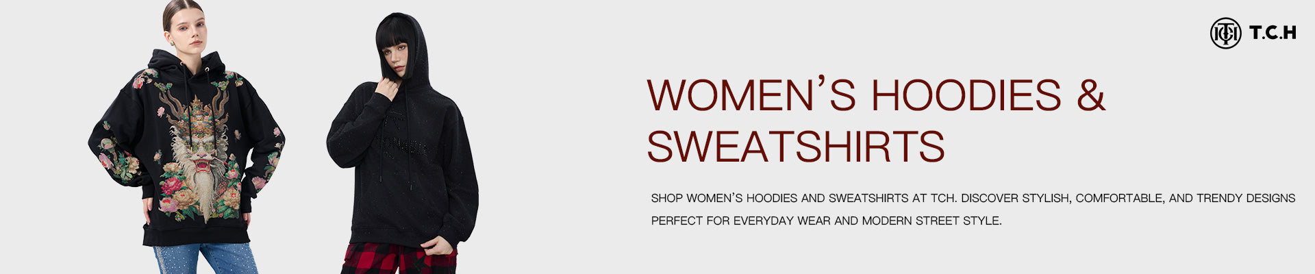 Two women wearing black hoodies with colorful designs, promotional banner for women's hoodies and sweatshirts.
